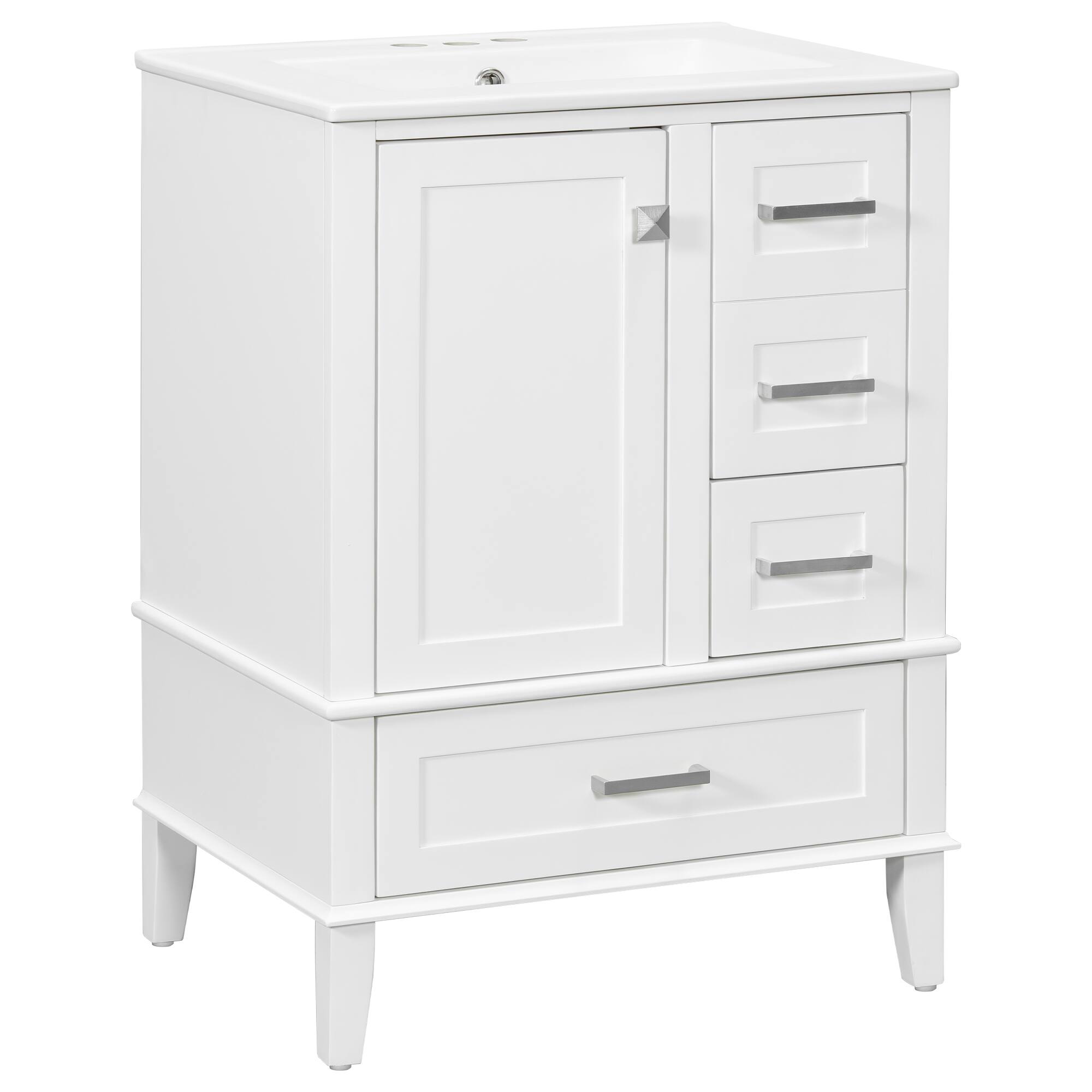Ecooso - 24.8" Bathroom Vanity with Ceramic Sink, 3 Drawers, Soft-Close Door, Freestanding Space-Saving Cabinet - White