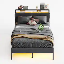 Bestier - Full Size Bed Frame with LED Lights, Storage Headboard, USB Ports & Under-Bed Space, No Box Spring Needed - Black