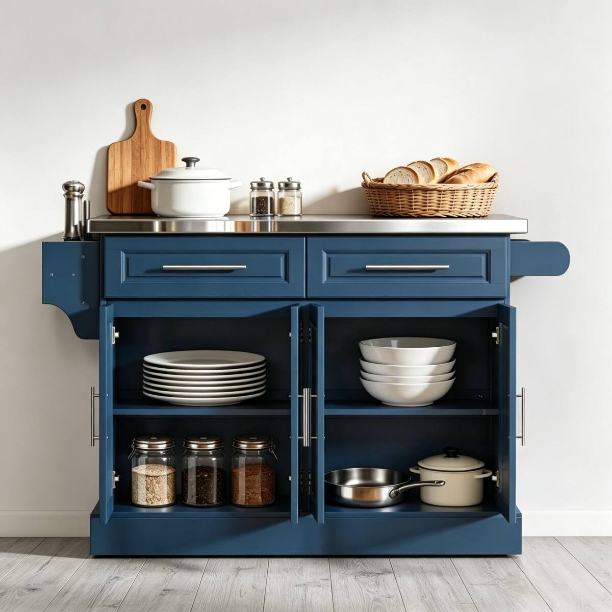 Alt View 1. Loheer - Loheer Navy Blue Rolling Kitchen Cart, Kitchen Island with Stainless Steel Top, 57-Inch Mobile Storage Cabinet - Navy Blue.