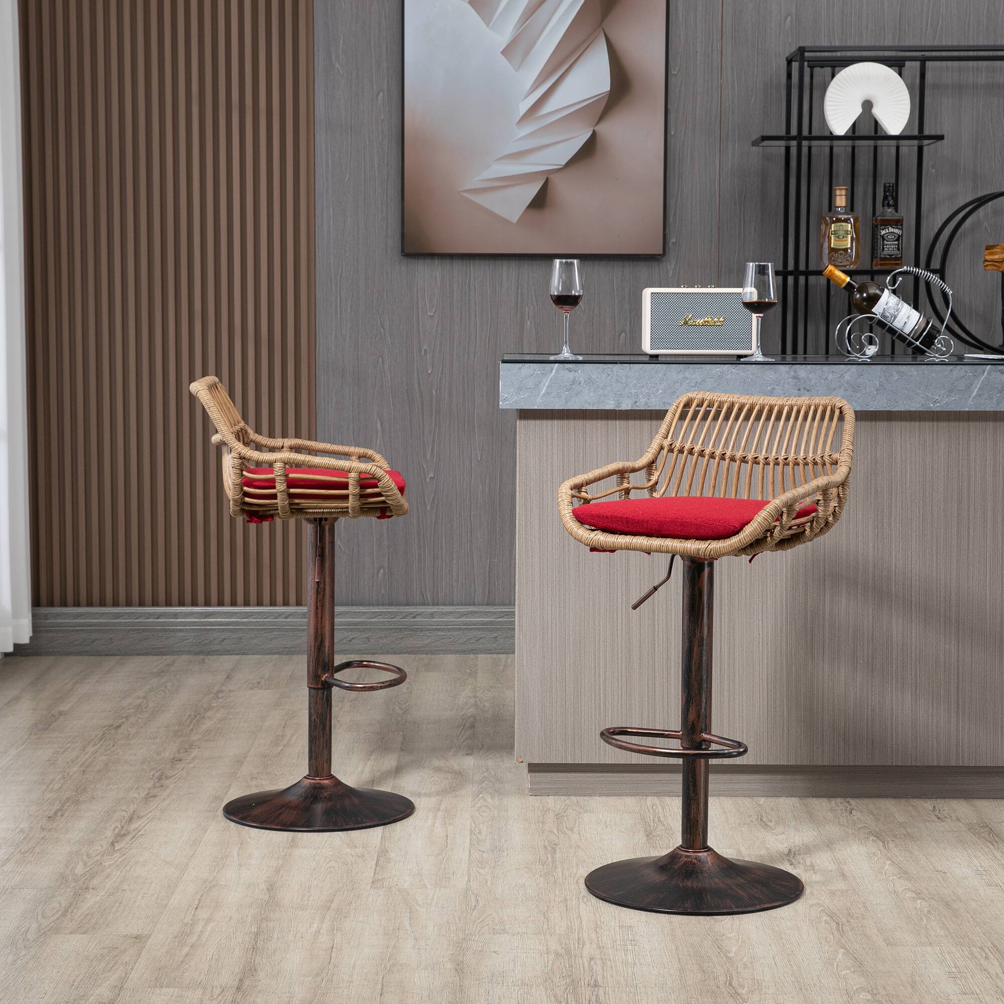 Back. Trinkets Crazed - Rattan Bar Stools Set of 2, Adjustable Barstools with Linen Cushion, 360° Swivel Bar Stool for Kitchen and Bar - Red.