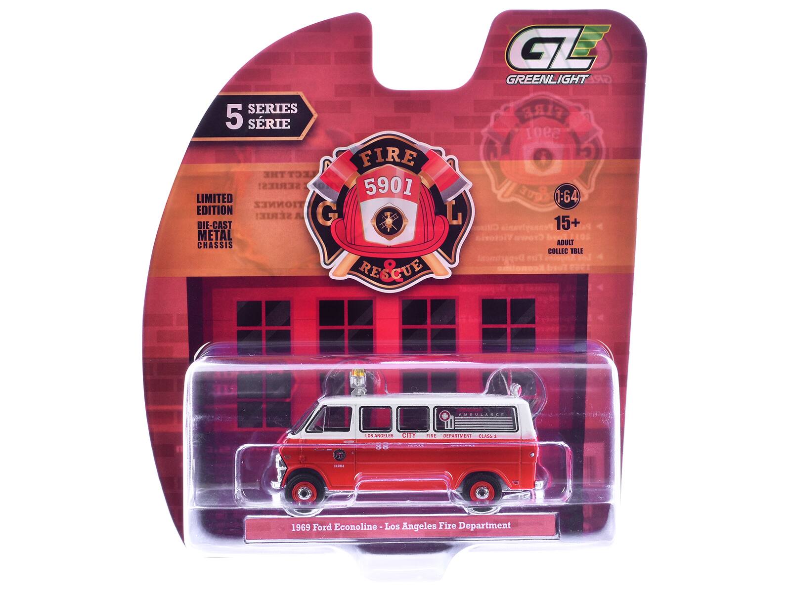 SERIES 5 SÉRIE  
LIMITED EDITION SÉRIE!  
DIE-CAST METAL CHASSIS  
FIRE 5901 RESCUE  
GREENLIGHT FIRE 5901  
1:64  
15+ ADULT COLLECTIBLE  
1969 Ford Econoline - Los Angeles Fire Department