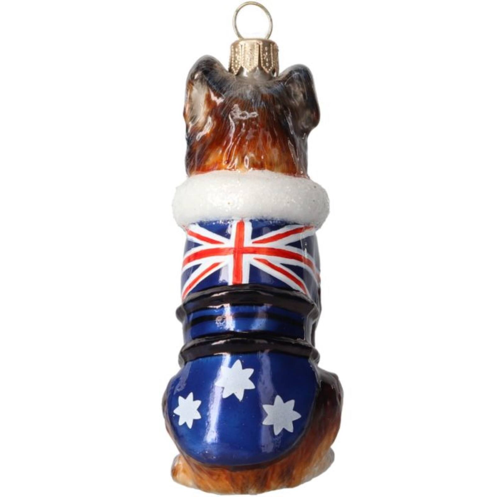 Left. Joy to the World Collectibles - Joy to the World Australian Shepherd in Australia Flag Coat Polish Glass Ornament - Multicolor.