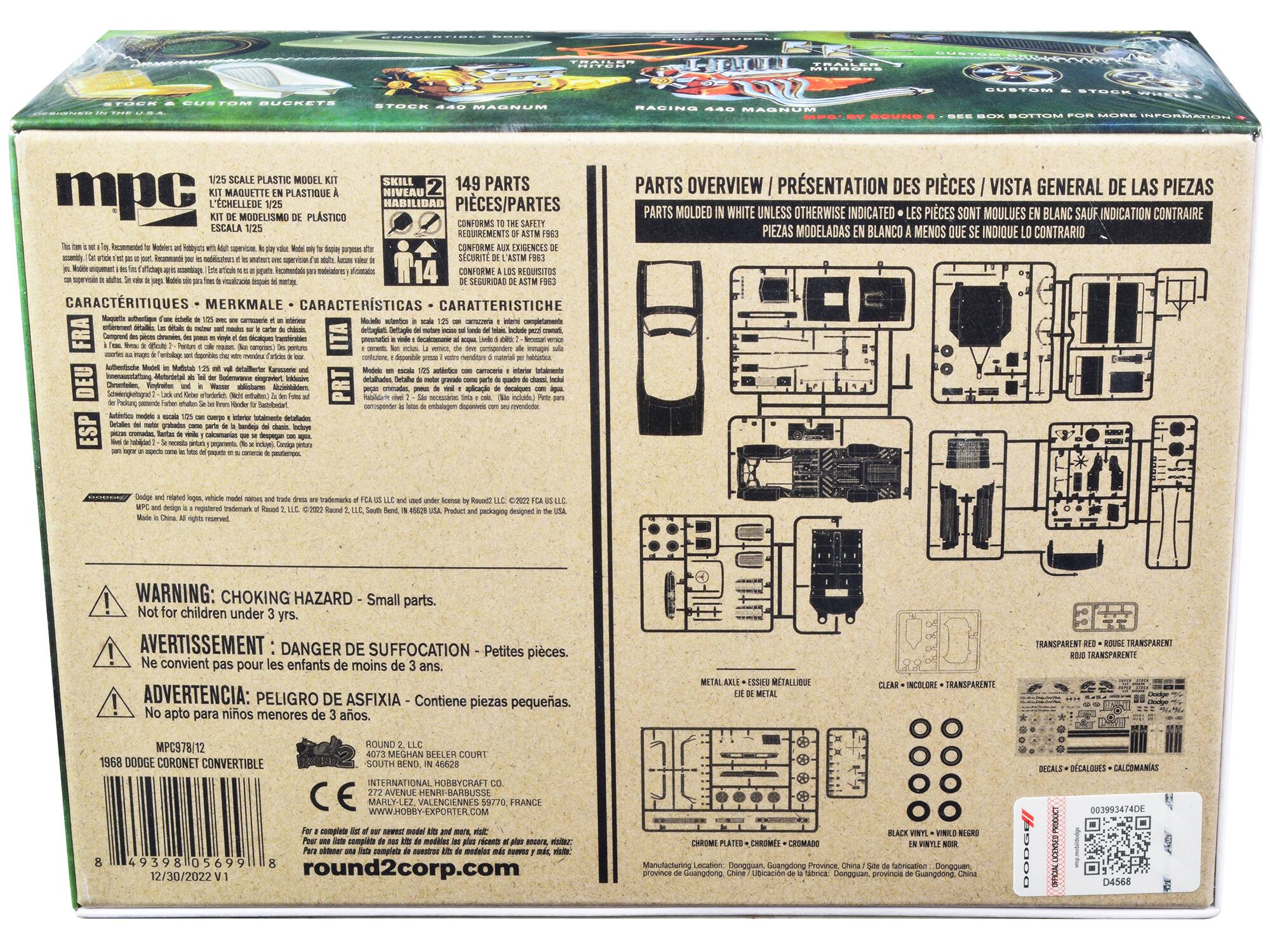 Sure, here is the corrected and grouped text from the image:

---

**MPC**

**1/25 SCALE PLASTIC MODEL KIT**

**KIT MAQUETTE EN PLASTIQUE À L'ÉCHELLE 1/25**

**KIT DE MODELISMO DE PLÁSTICO A ESCALA 1/25**

**SKILL LEVEL: 149 PARTS**

**HABILIDAD: 149 PARTES**

**CARACTERÍSTIQUES - MERKMALE - CARACTERÍSTICAS - CARATTERISTICHE**

- This kit is a recommended model for modelers and hobbyists of advanced skill. Play with your model only after you have read and understood the instructions. (Este kit es recomendado para modelistas y aficionados de avanzada experiencia. Juega con tu modelo solo después de leer y entender las instrucciones.)
- Maquettes à utiliser avec des scénes de 1/25, avec des caméras et accessoires. (Modelos para usar con escenas de 1/25, con cámaras y accesorios.)
- Modelos para usar con escenas de 1/25