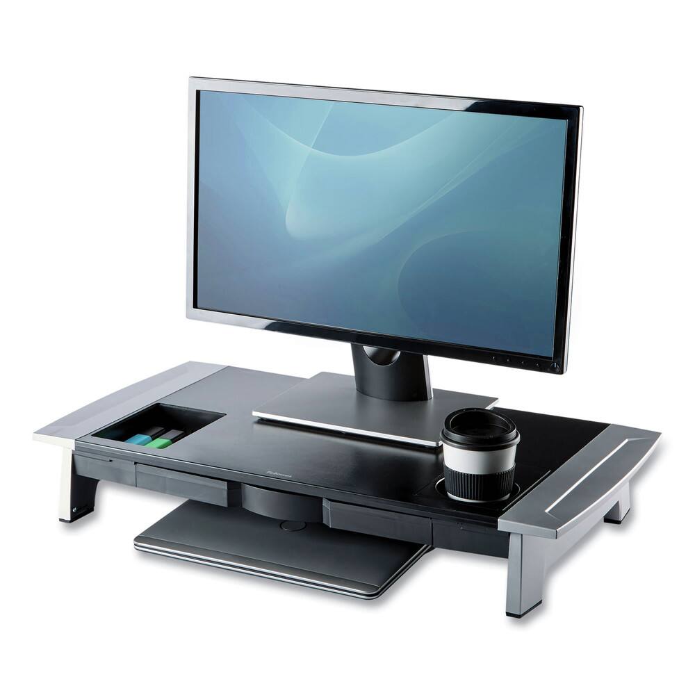 Angle. Fellowes - Fellowes Mfg Co. 8031001 27 in. x 14 in. x 4 in. to 6.5 in. Office Suites Premium Monitor Riser/Silver - Black/Silver.