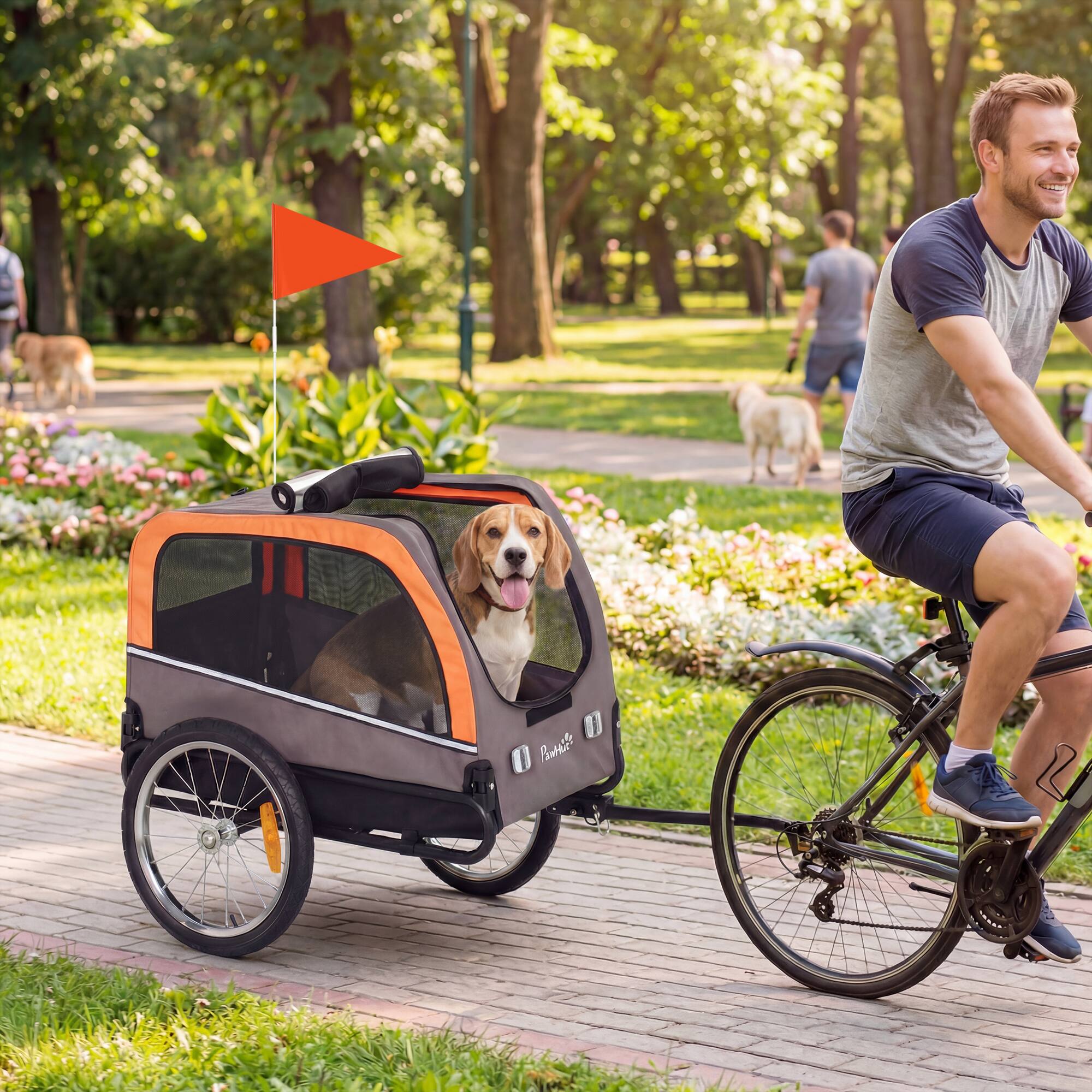 Alt View 1. Pawhut - Bike Trailer, Pet Cart Bicycle Carrier with 2 Entrances, Quick Release Wheels, Reflectors, Flag - Orange.
