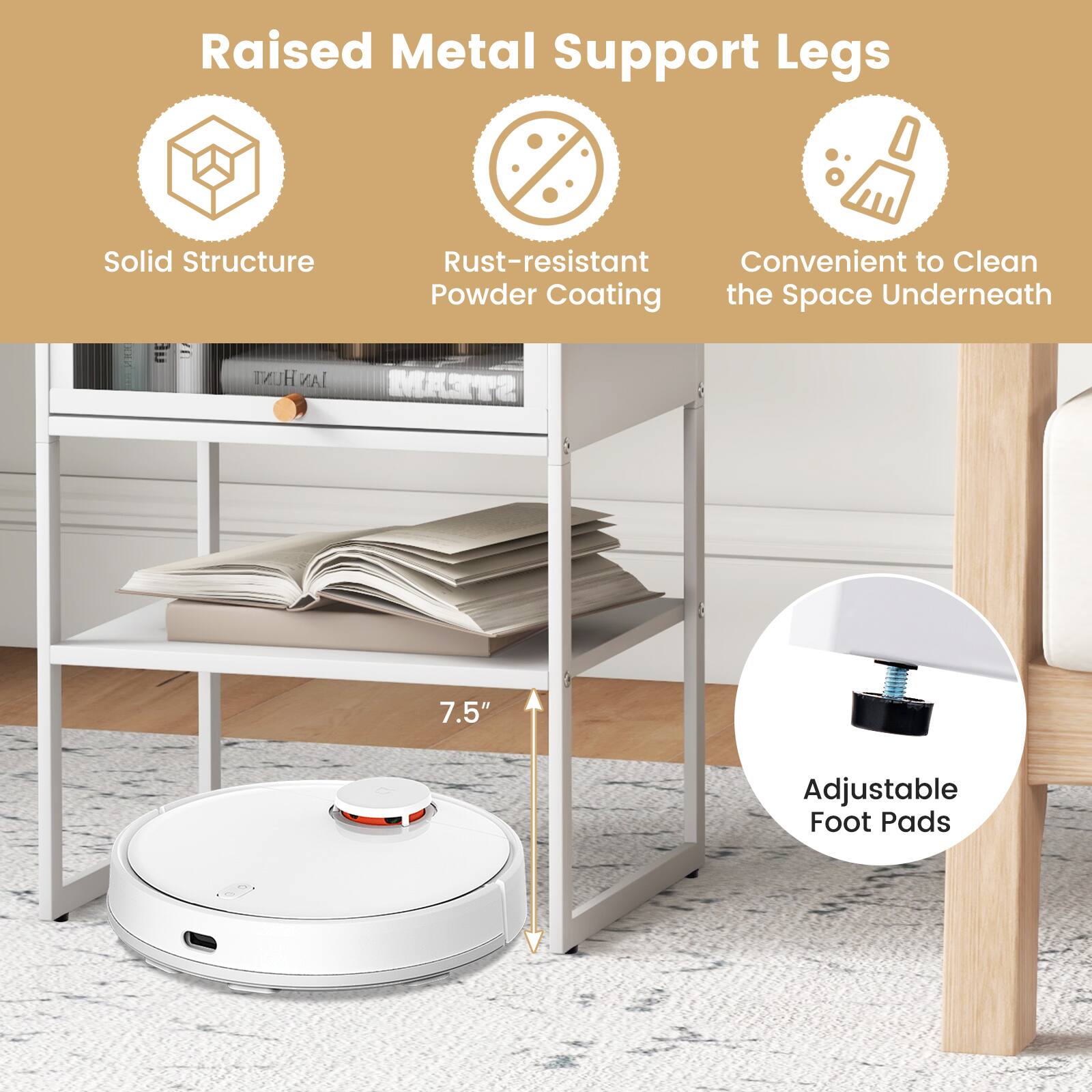 Raised Metal Support Legs, Solid Structure, Rust-resistant Powder Coating, Convenient to Clean the Space Underneath, 7.5", Adjustable Foot Pads