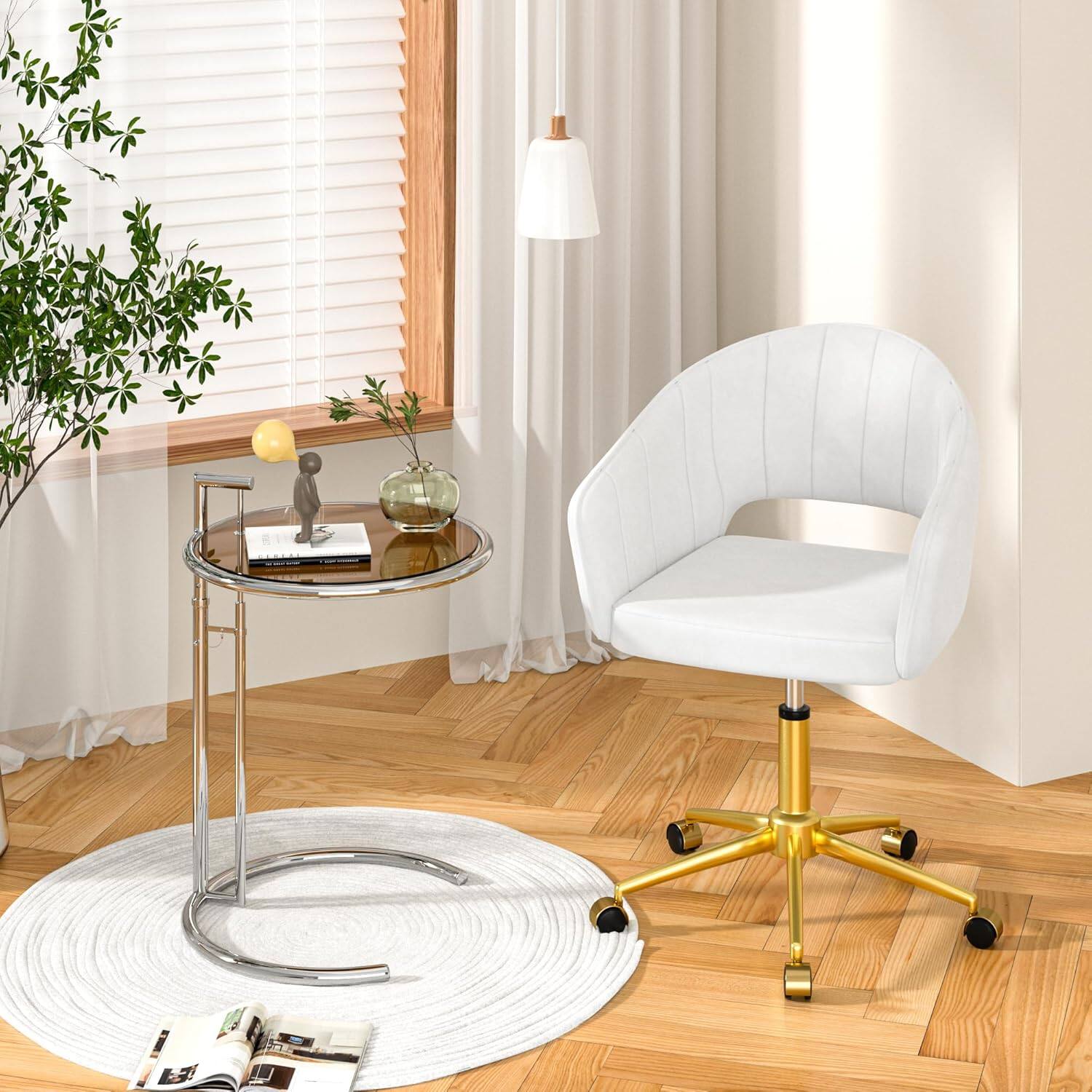 Alt View 1. Vecelo - Velvet Accent Chair with Adjustable Height - 360° Rotating Office Desk Chair & Vanity Stool, 330lbs Capacity - White.