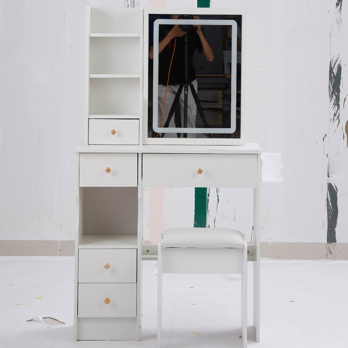 Alt View 4. Loheer - Loheer 29.2-inch Small Vanity Table with Cushioned Stool, LED Mirror and Charging Station - White.