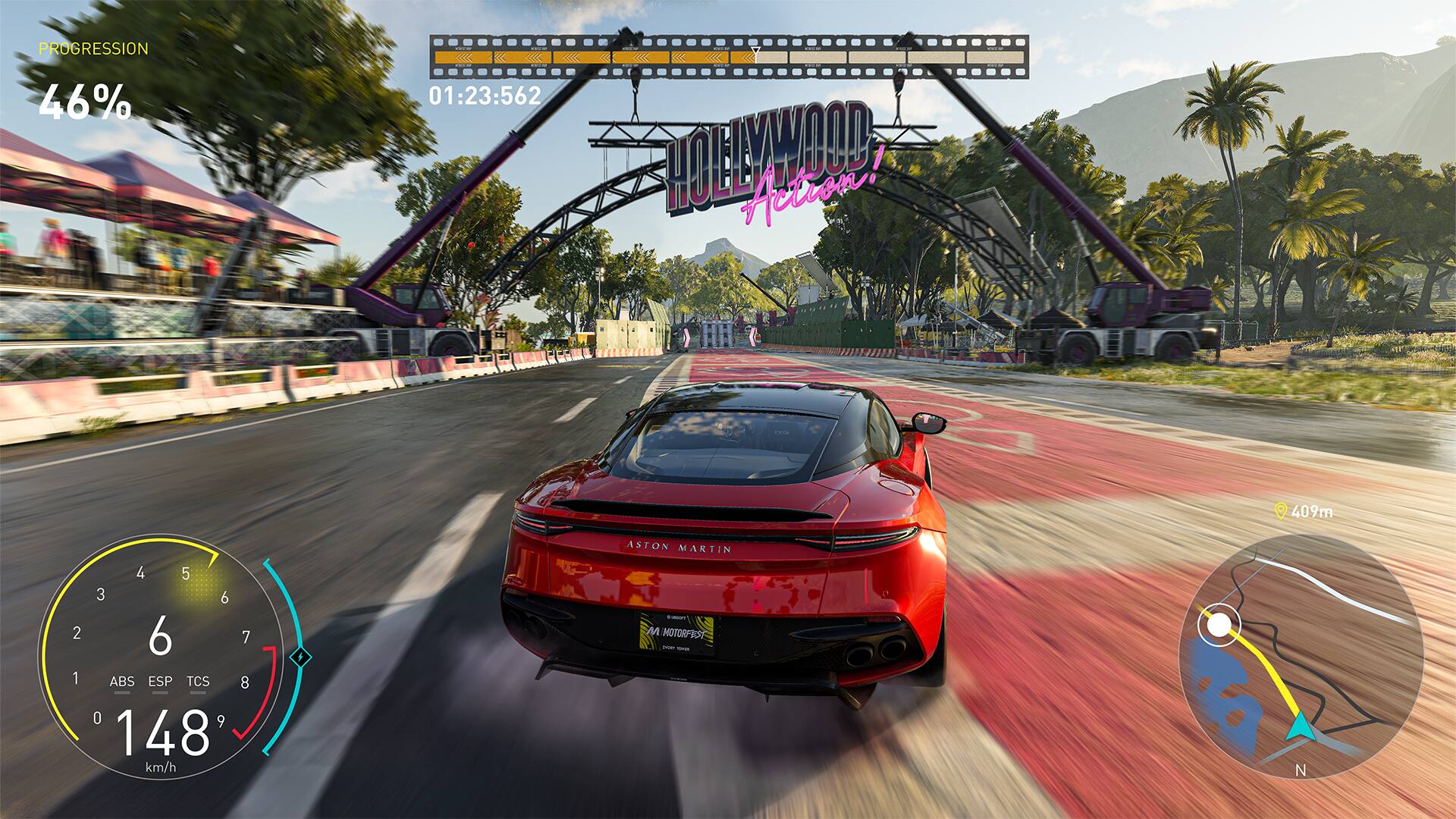 PROGRESSION 46% 01:23:562 Action! 9 409m 2 1 4 5 3 6 6 7 ABS ESP TCS 8 0 9 148 km/h F ASTON MARTIN - M MOTORFRST L I - N