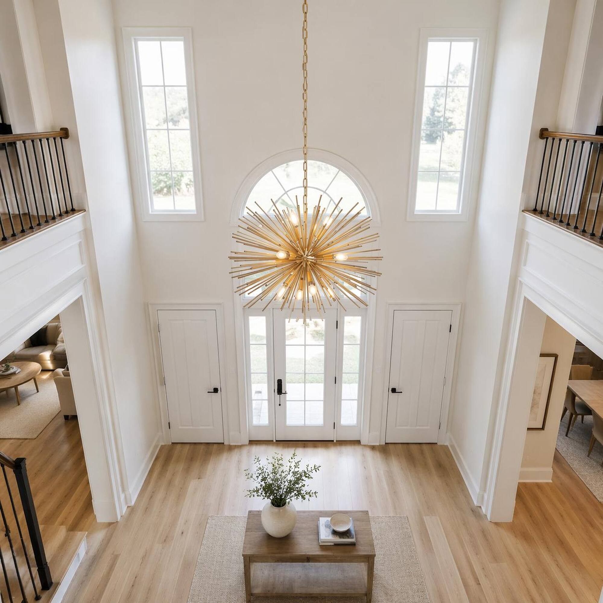 Back. RYHNUYNE - 29-Inch Mid-Century Modern 12-Light Gold Starburst Chandelier, Sputnik Pendant Ceiling Light for Living Room.