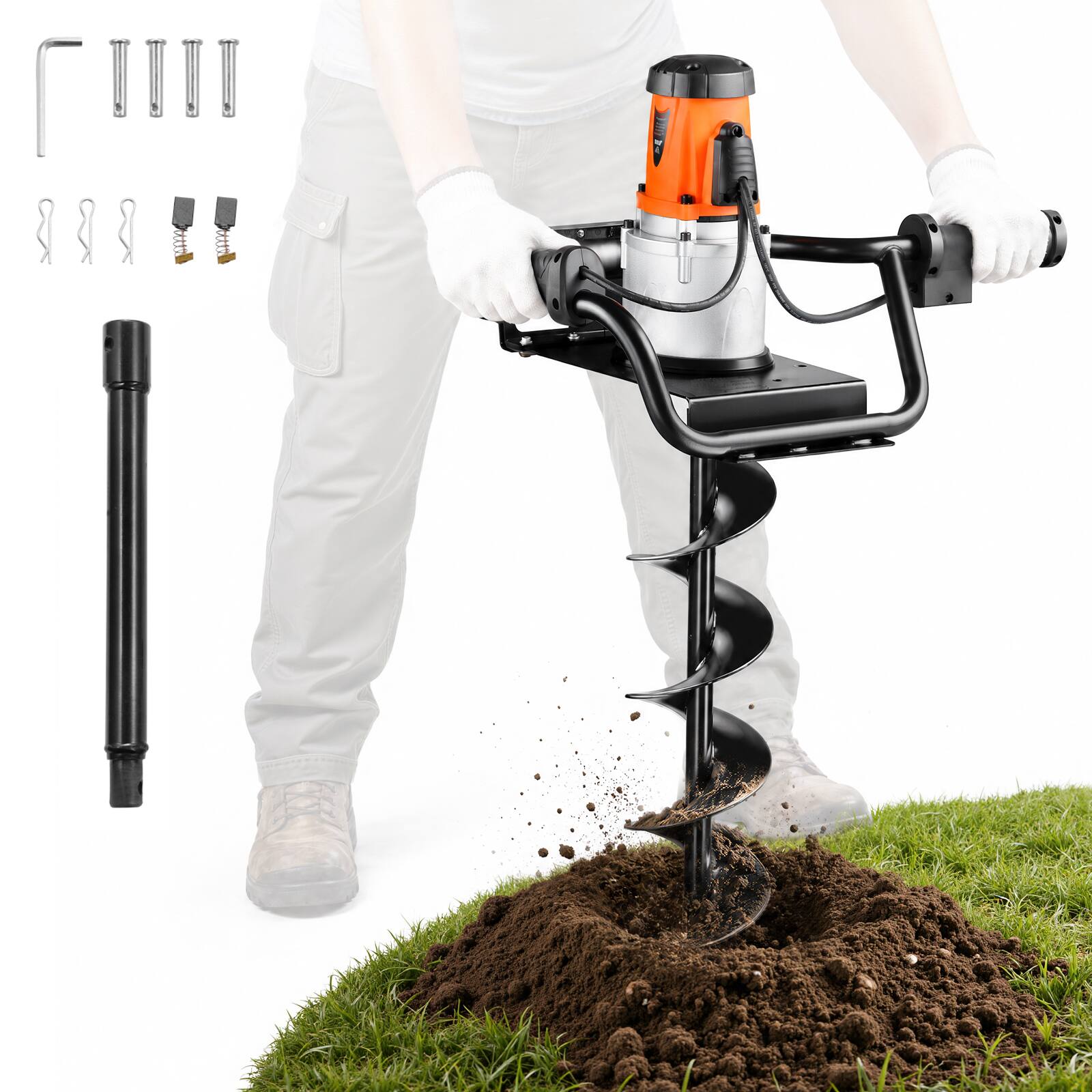 Front. VEVOR - Electric Post Hole Digger, 5.71 in Auger Bit with 1500W Powerful Motor, 140 RPM Alloy Steel Earth Auger Drill Bit - Black;Orange.