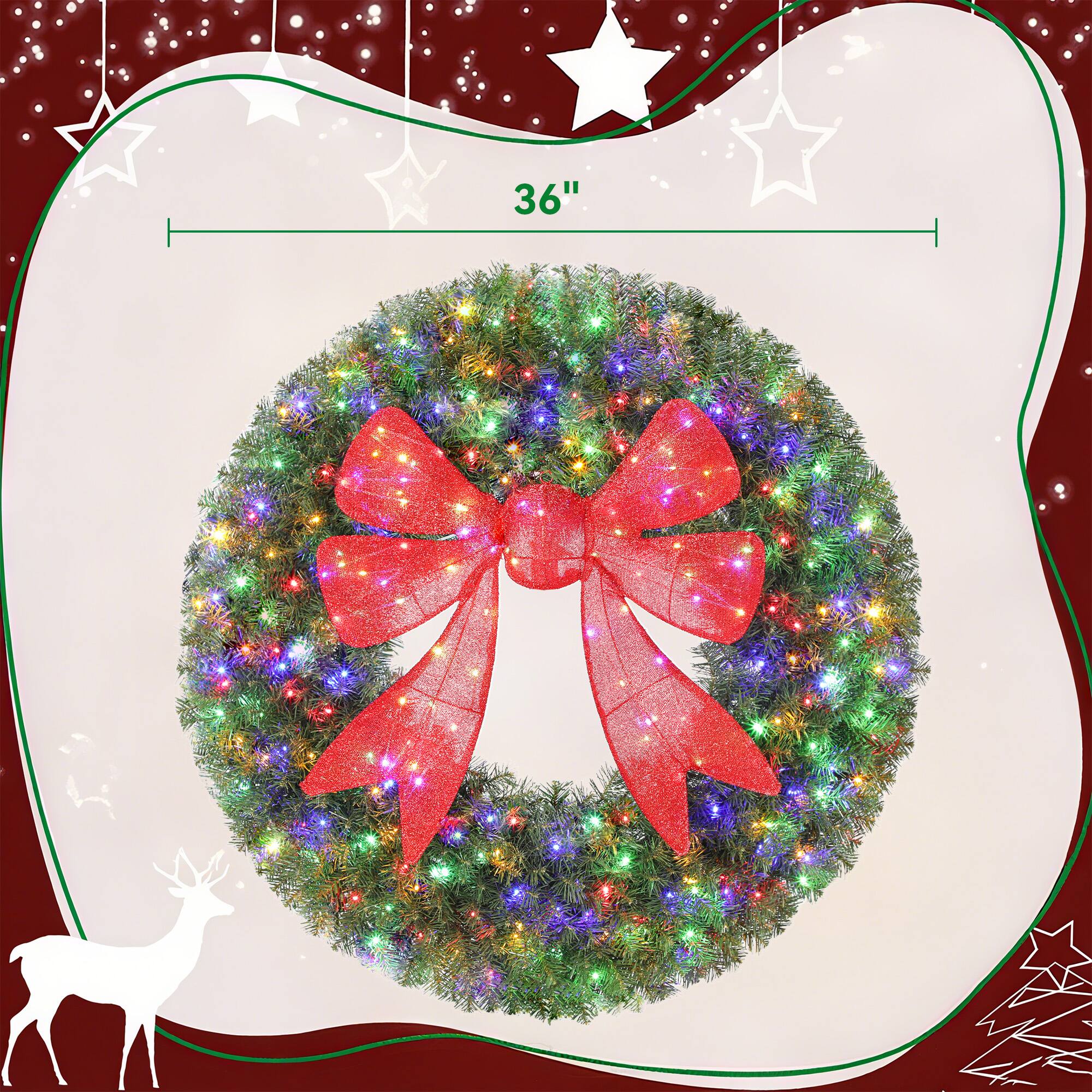 Alt View 2. Homcom - 36in Pre-Lit Artificial Xmas Wreath, 3D Red Bow, 11 Modes, Remote, 140 LEDs, 300 Tips, Indoor Outdoor - Green.