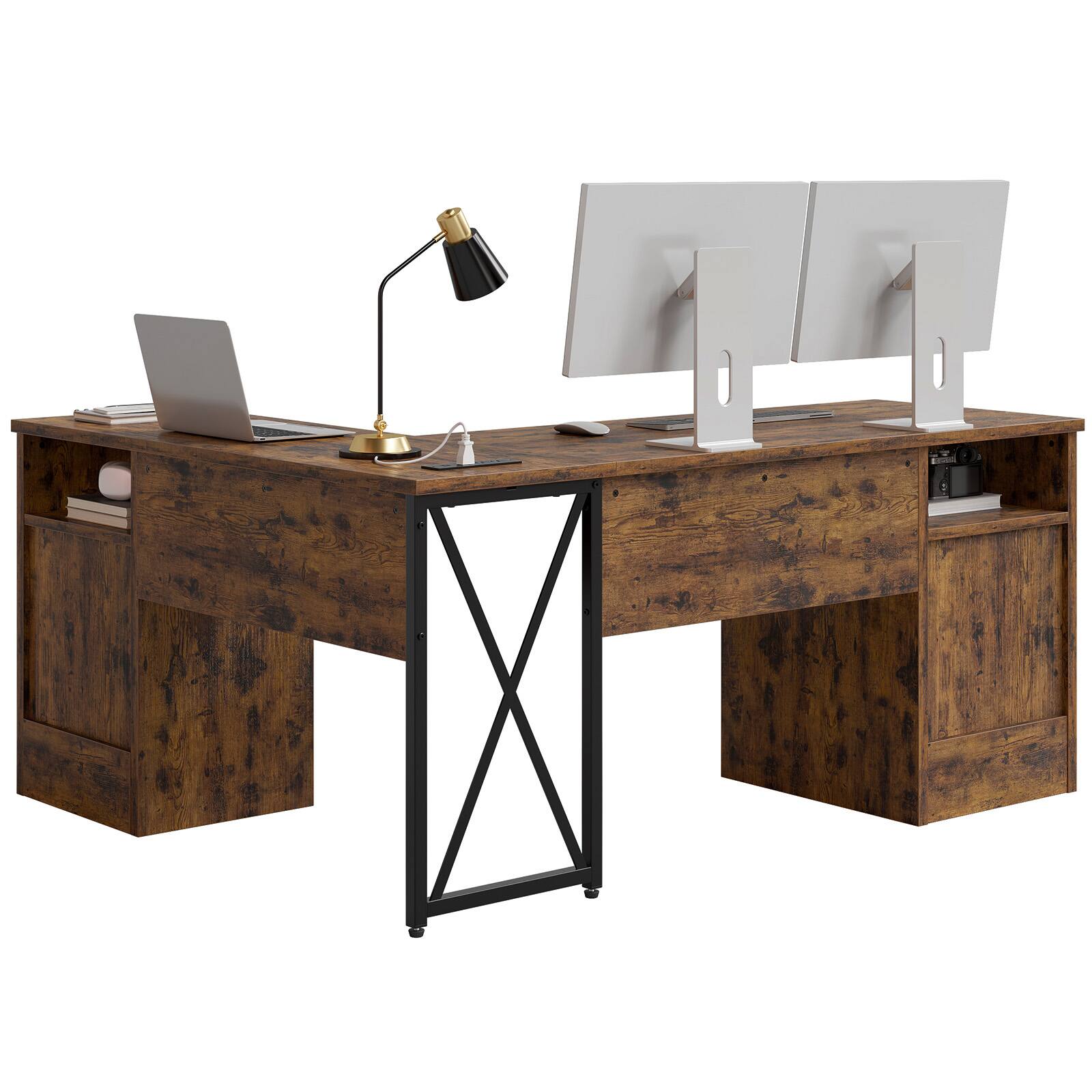 Back. Bestier - 63-inch L Shaped Desk with Monitor Stand & Drawers, LED Computer Desk with Charging Station & Cabinet - Rustic Brown.