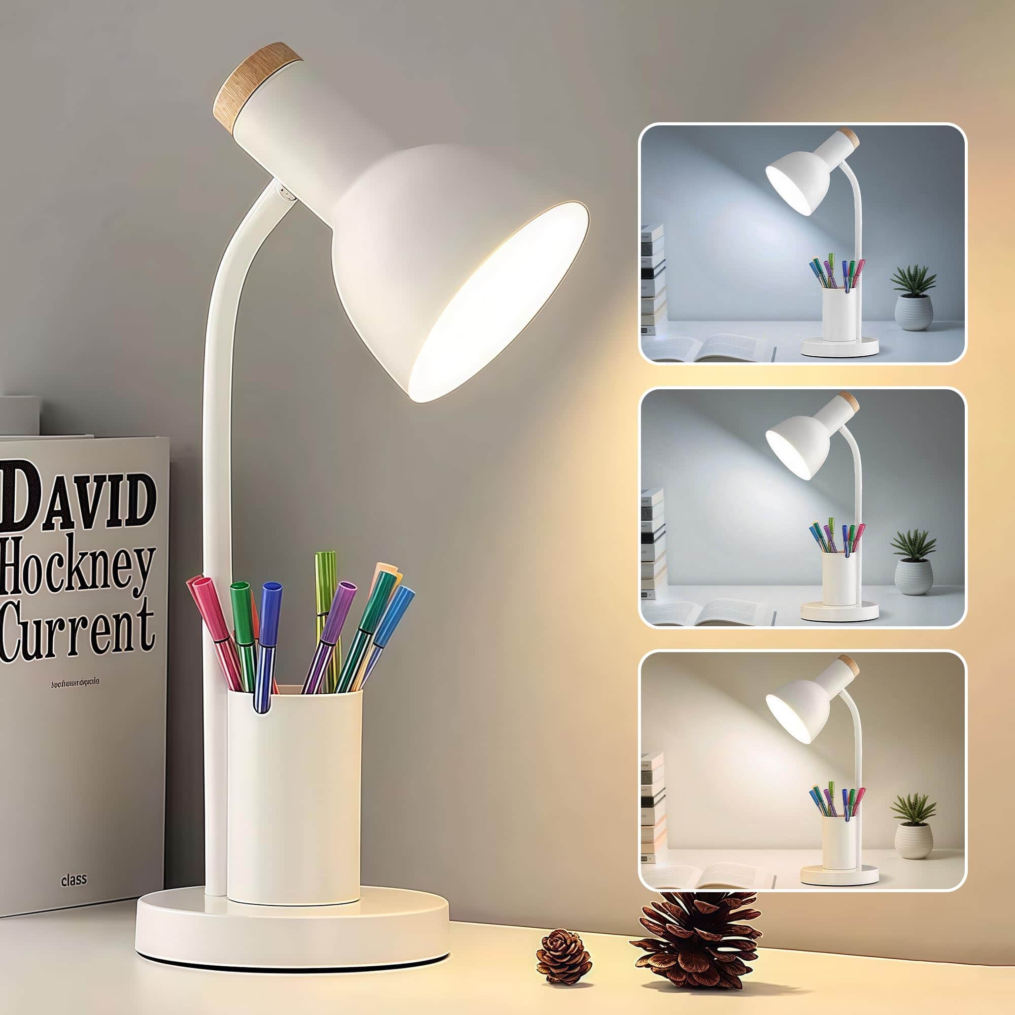 Cedar Assembly - Led Desk Lamp For Home Office Table With Pen Holder 3 Color Modes Reading Light Eye-caring Gooseneck Metal - White Lamp