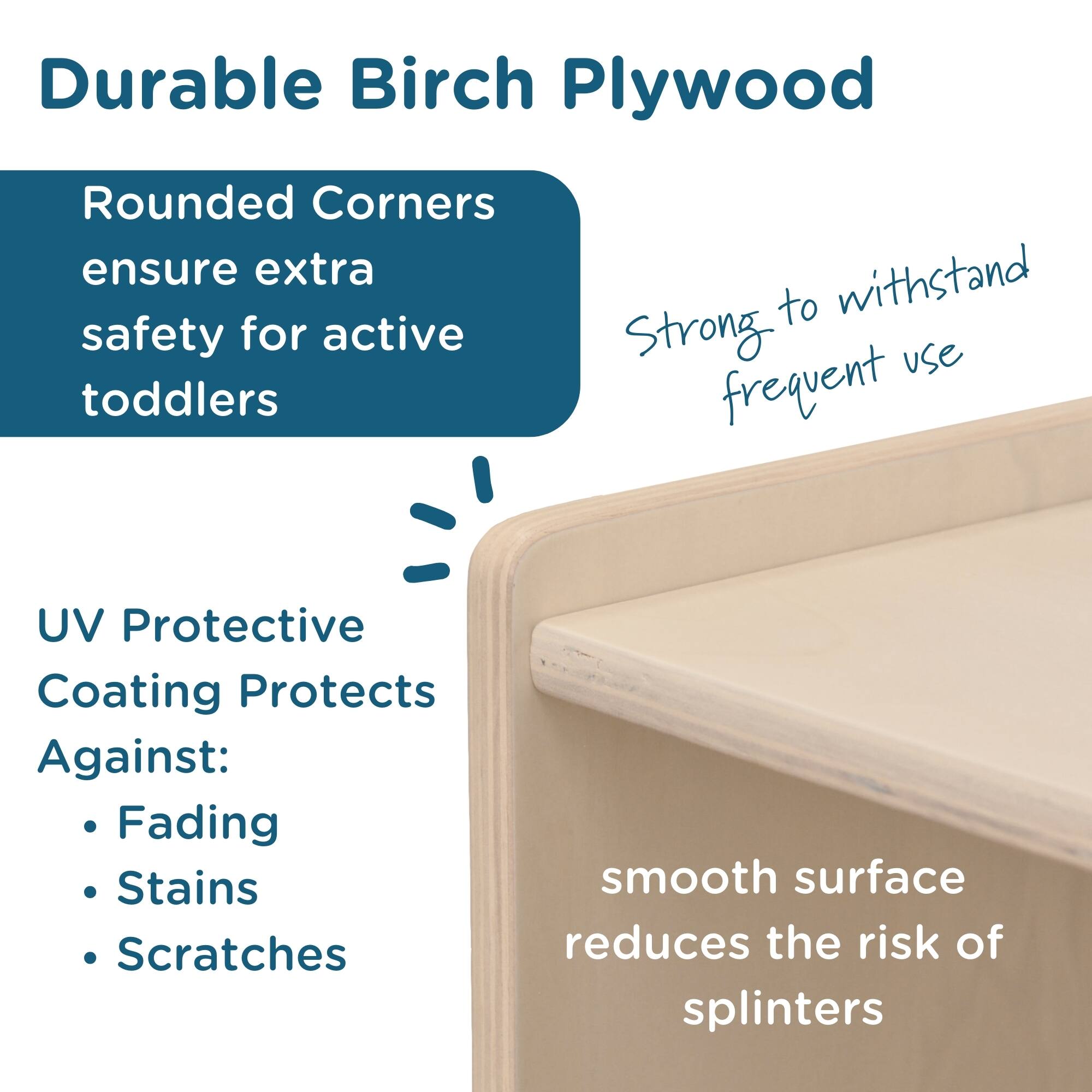 Durable Birch Plywood

- Rounded Corners ensure extra safety for active toddlers
- Strong to withstand frequent use

UV Protective Coating Protects Against:
- Fading
- Stains
- Scratches

smooth surface reduces the risk of splinters