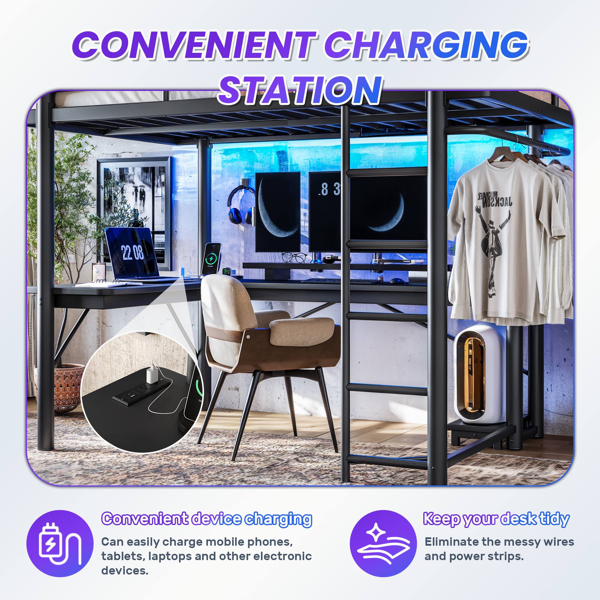 CONVENIENT CHARGING STATION

Convenient device charging
Can easily charge mobile phones, tablets, laptops and other electronic devices.

Keep your desk tidy
Eliminate the messy wires and power strips.
