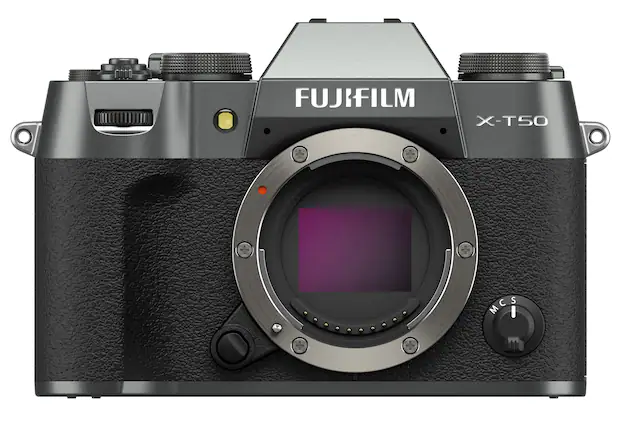 The image features a FUJIFILM X-T50 camera with a large lens. The camera is in focus, and the lens is positioned in front of the camera. The image is categorized as a digital camera, and the FUJIFILM X-T50 camera is a popular choice for photographers due to its advanced features and high-quality image output.