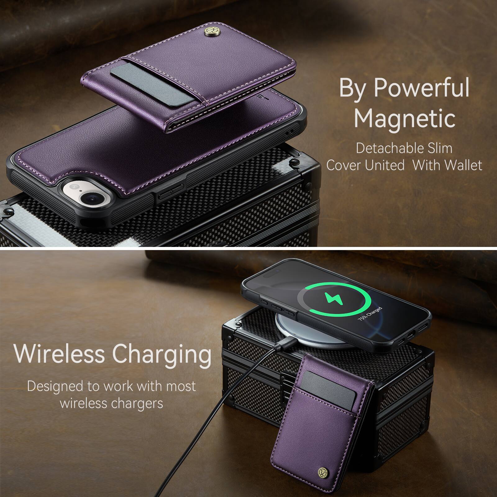 By Powerful Magnetic  
Detachable Slim Cover United With Wallet  

Wireless Charging  
Designed to work with most wireless chargers