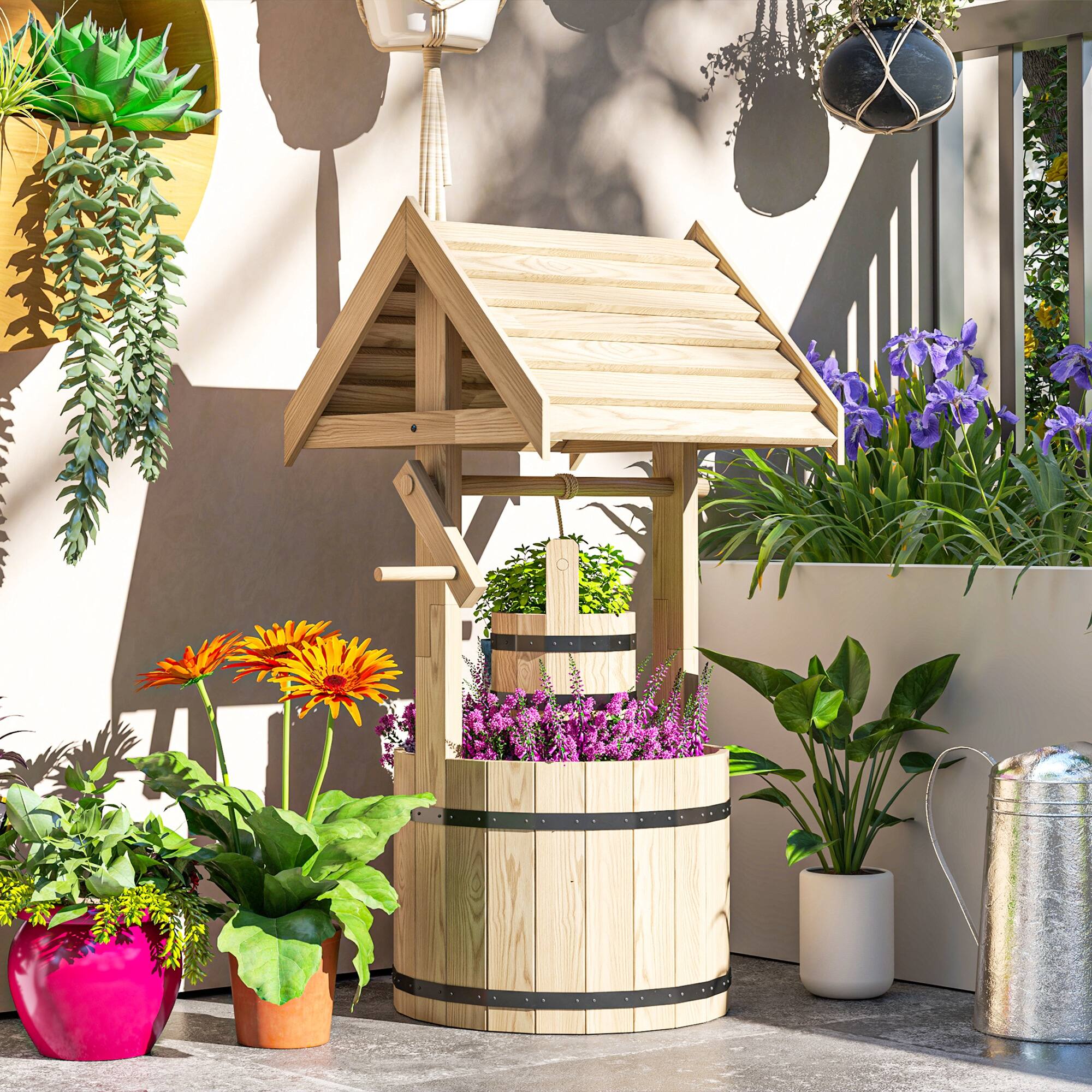 Alt View 7. Outsunny - Wishing Well for Outside with Hanging Bucket - Natural Wood.