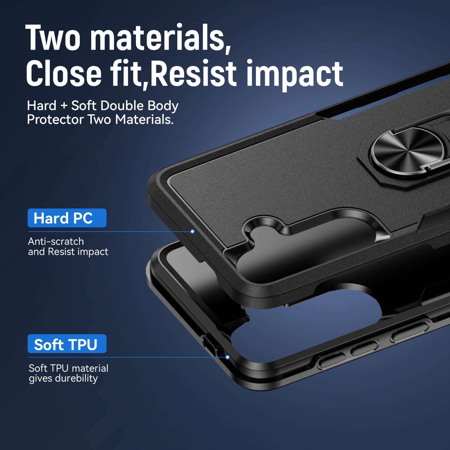Two materials, Close fit, Resist impact  
Hard + Soft Double Body Protector Two Materials.  
Hard PC  
Anti-scratch and Resist impact  
Soft TPU  
Soft TPU material gives durability