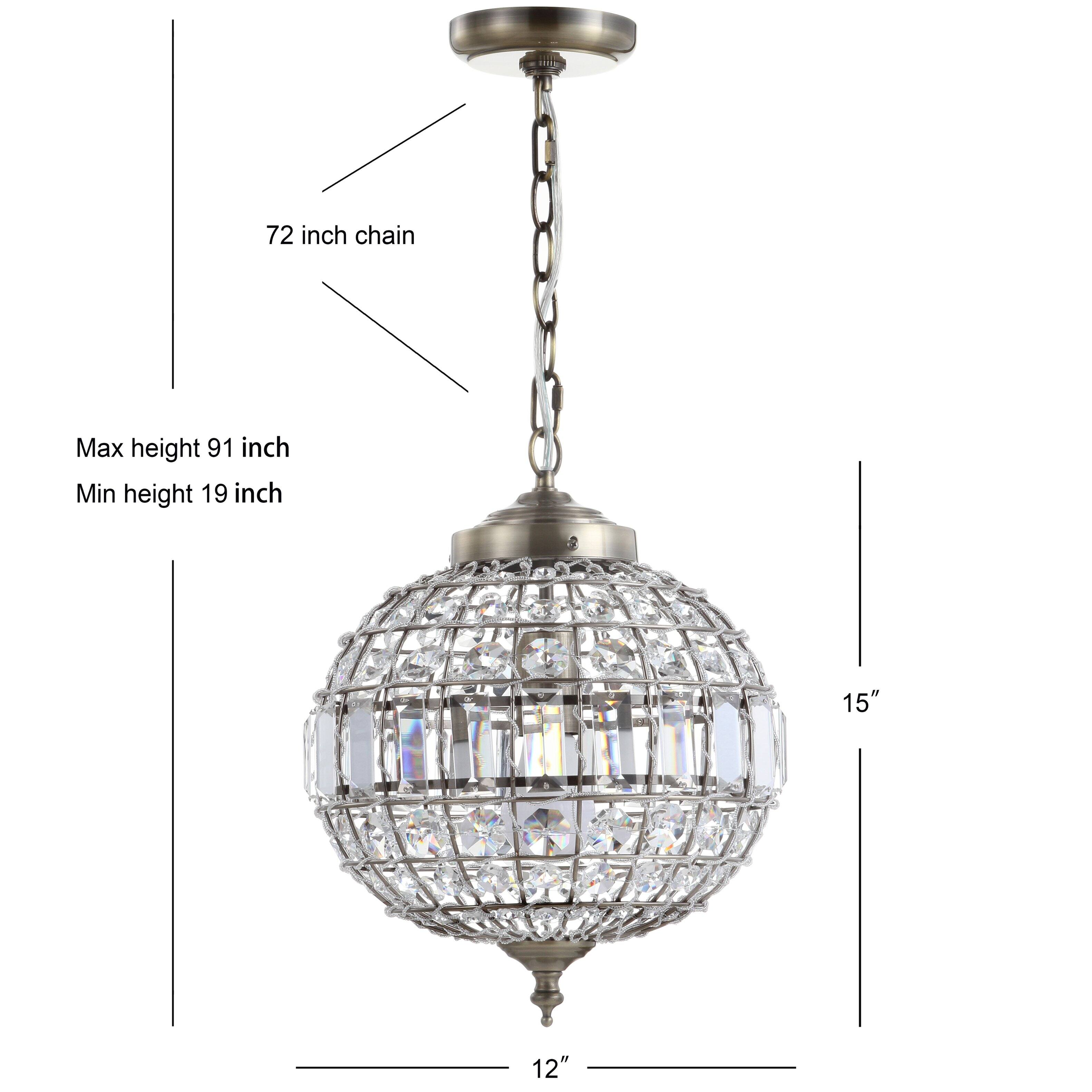 72 inch chain  
Max height 91 inch  
Min height 19 inch  
15"  
12"
