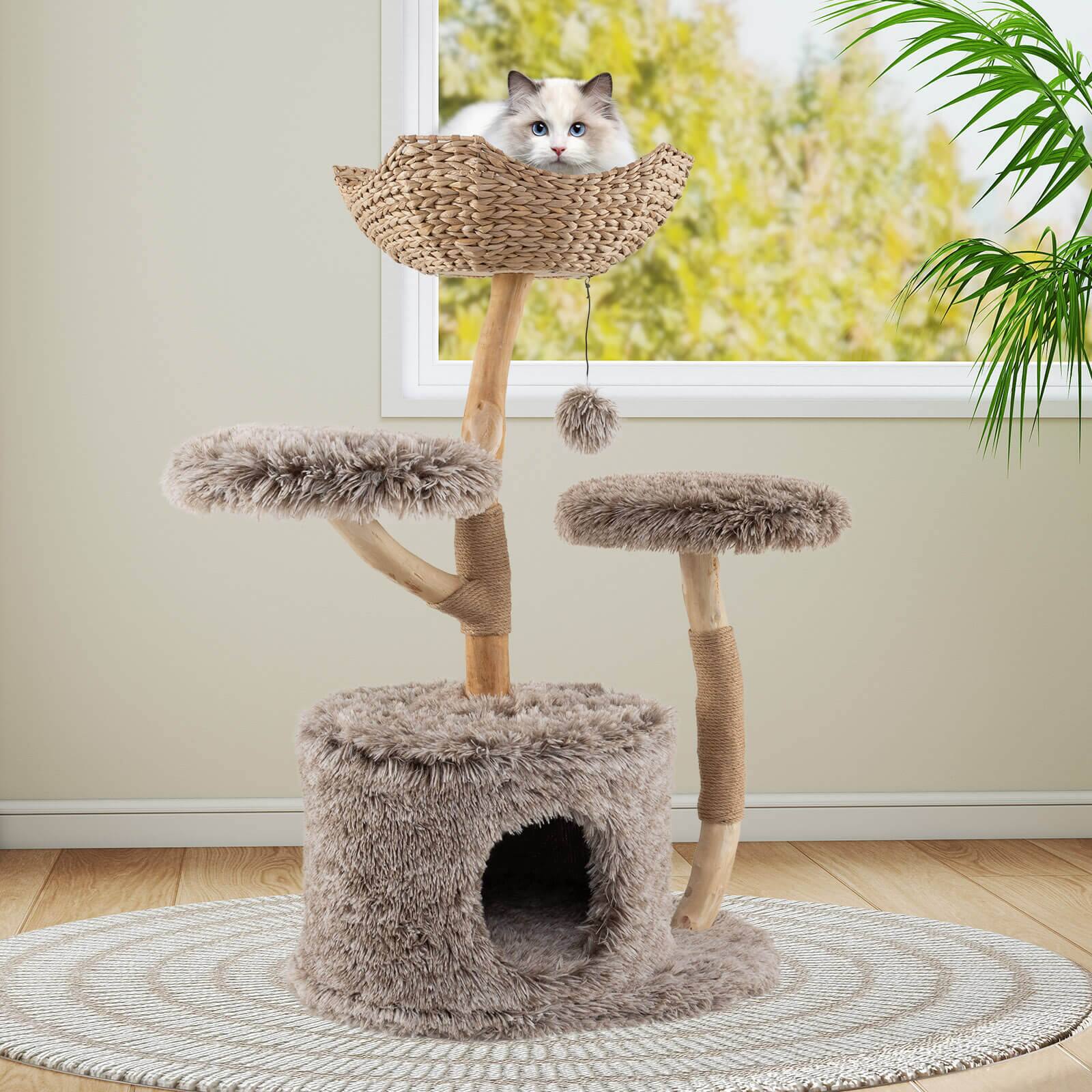 Alt View 3. Costway - Costway Solid Wood Cat Tree with Well-woven Cattail Basket Luxury Condo Scratching Posts - Brown.