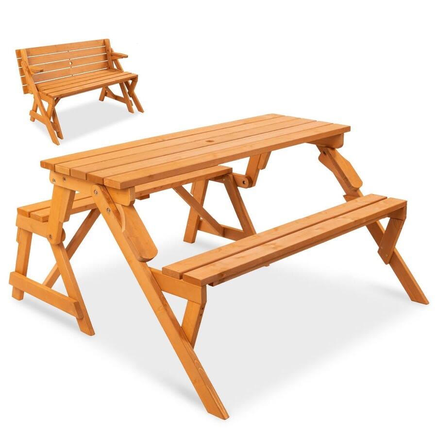 Front. Hivvago - Outdoor Interchangeable 2 in 1 Multi-Use Wooden Picnic Table Garden Bench Umbrella Hole - Light Brown.