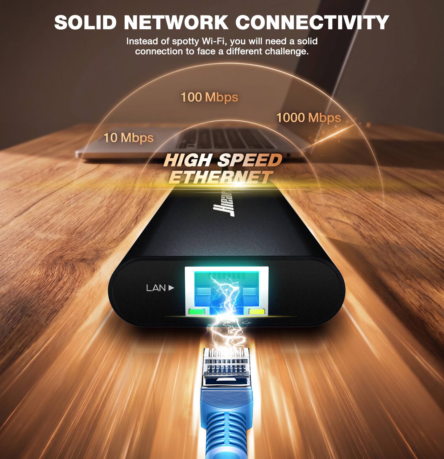 SOLID NETWORK CONNECTIVITY  
Instead of spotty Wi-Fi, you will need a solid connection to face a different challenge.  

100 Mbps  
1000 Mbps  
10 Mbps  

HIGH SPEED ETHERNET  

LAN