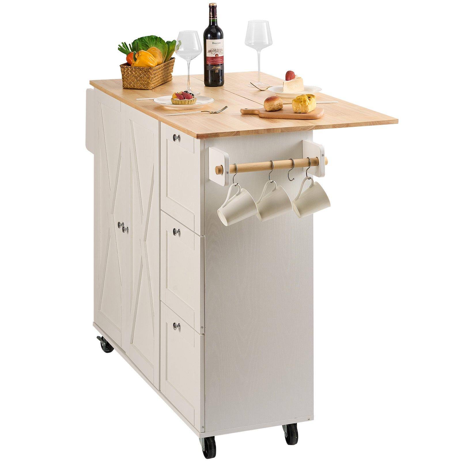 Alt View 9. Glintex - Kitchen Island Cart with Solid Wood Top, 45.3" Wide Mobile Storage Cabinet with Drop Leaf, Drawer, Spice and Towel Rack - White.
