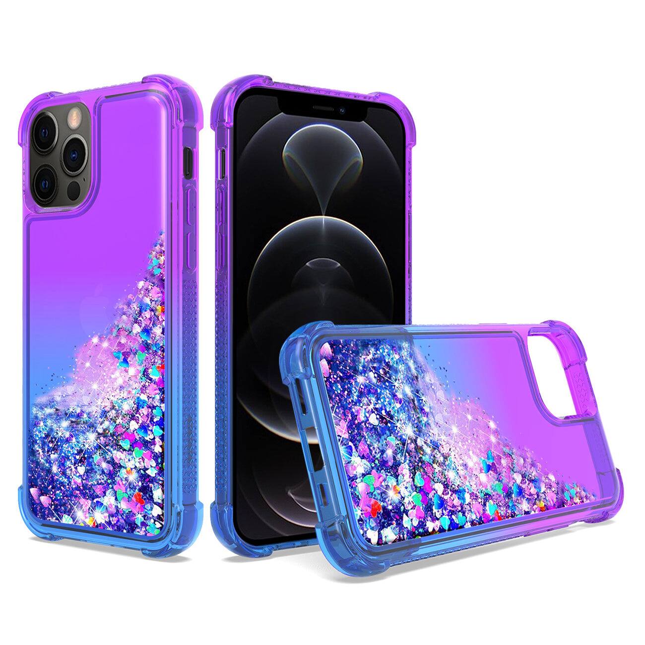 Front. Reiko - Shiny Flowing Glitter Liquid Bumper Case For Apple Iphone 12/Iphone 12 Pro In Purple - Purple.