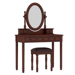 Ecooso - Makeup Vanity with Adjustable Mirror, Velvet 5-Drawers & Cushioned Stool - Walnut