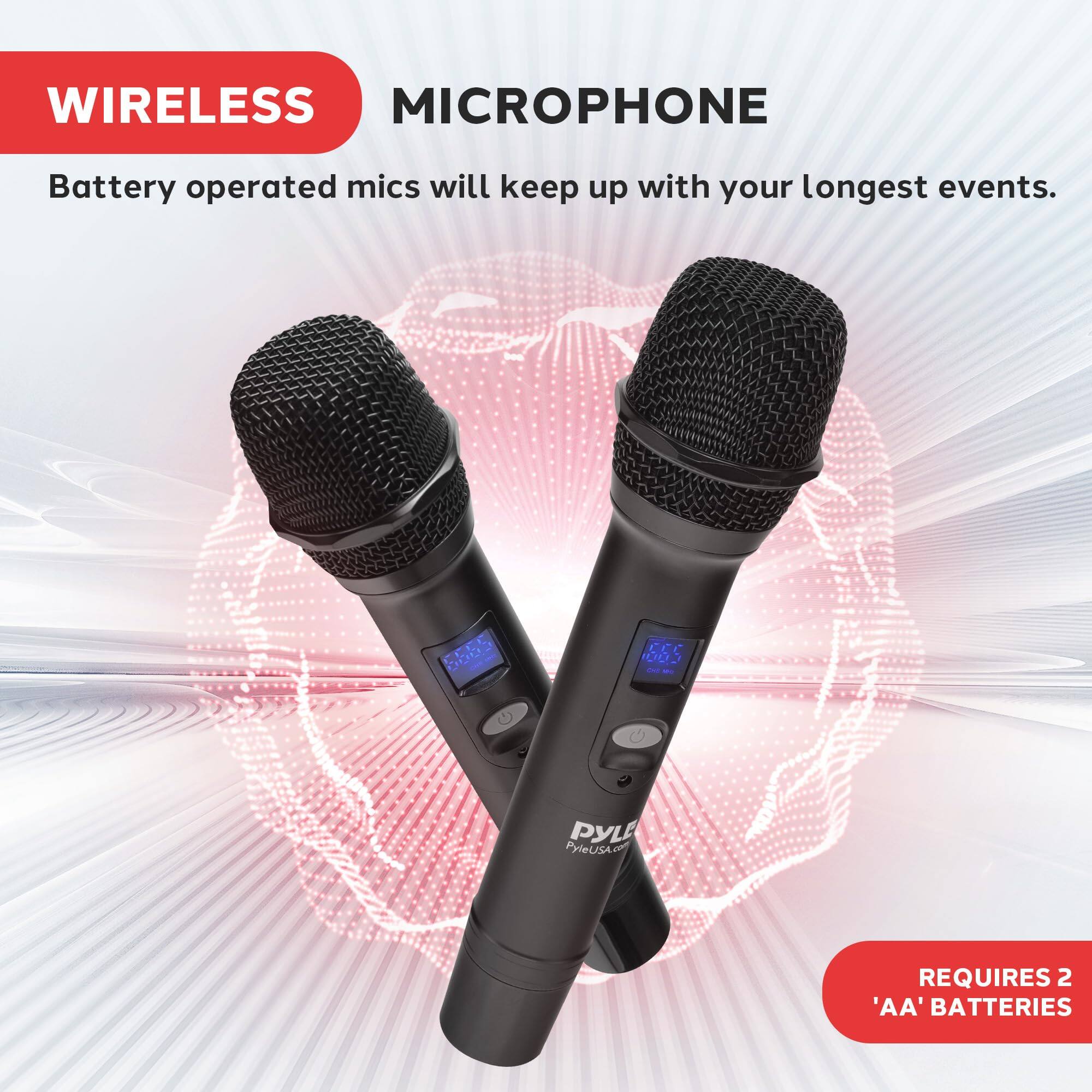 WIRELESS MICROPHONE

Battery operated mics will keep up with your longest events.

REQUIRES 2 'AA' BATTERIES
