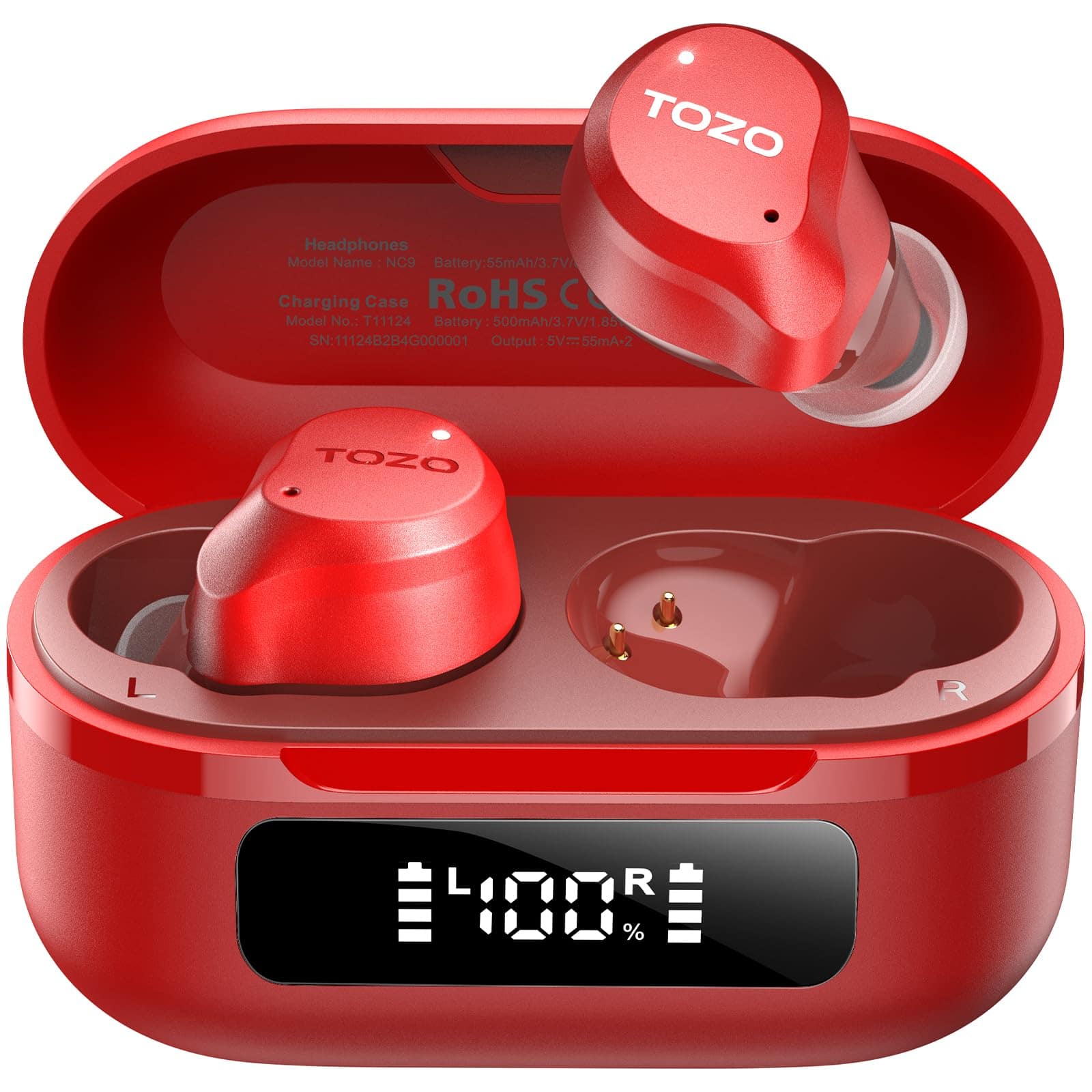 TOZO - Hybrid ANC Earbuds, 6 Mics ENC, IPX8, Bluetooth 5.3, 59H, LED, 32 EQs, Stereo Bass - Red