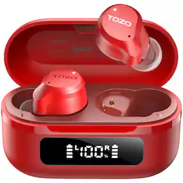 TOZO - Hybrid ANC Earbuds, 6 Mics ENC, IPX8, Bluetooth 5.3, 59H, LED, 32 EQs, Stereo Bass - Red