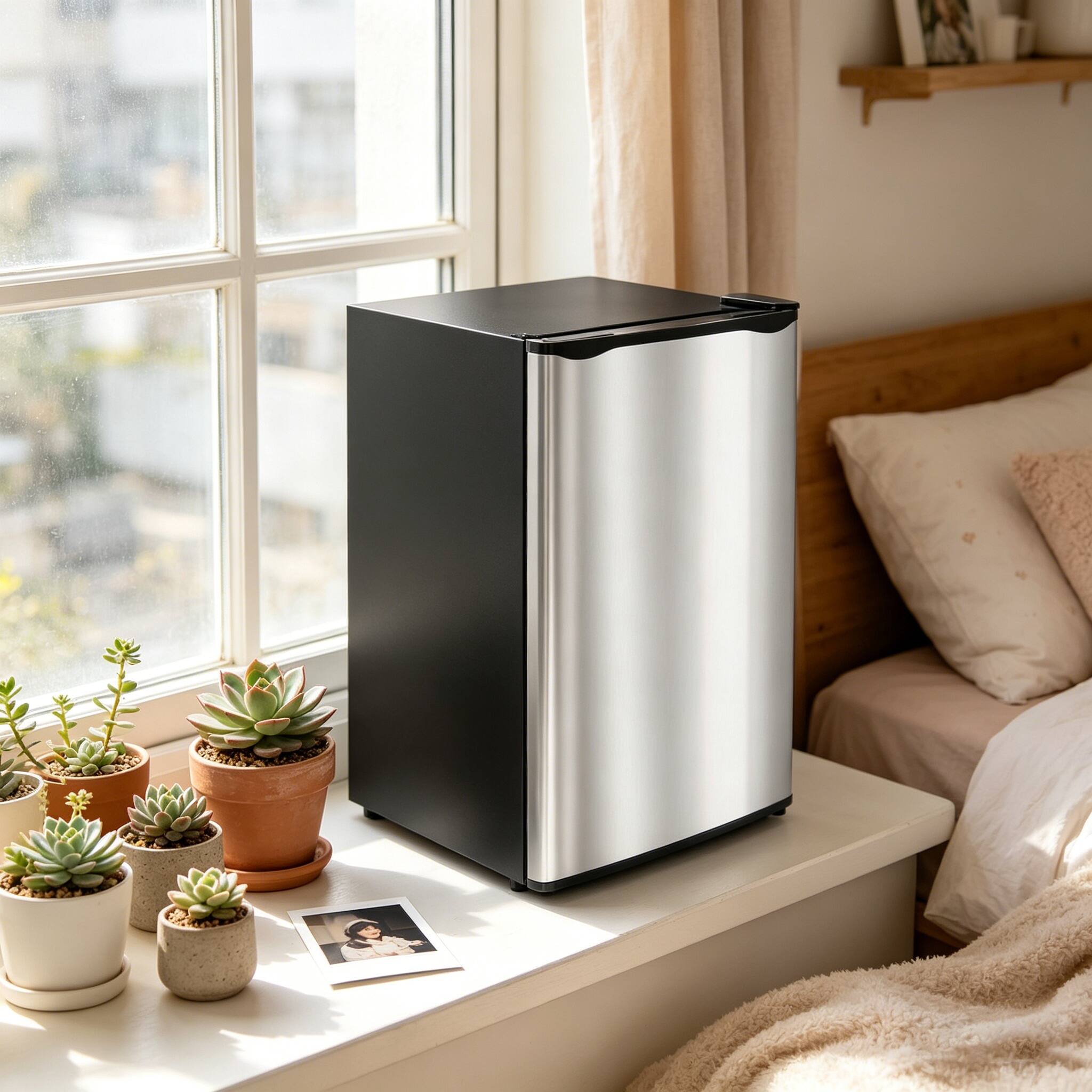 Angle. VAVSEA - Compact Mini Refrigerator with Freezer Adjustable Shelves Reversible Door 3.2 Cu Ft - Black.