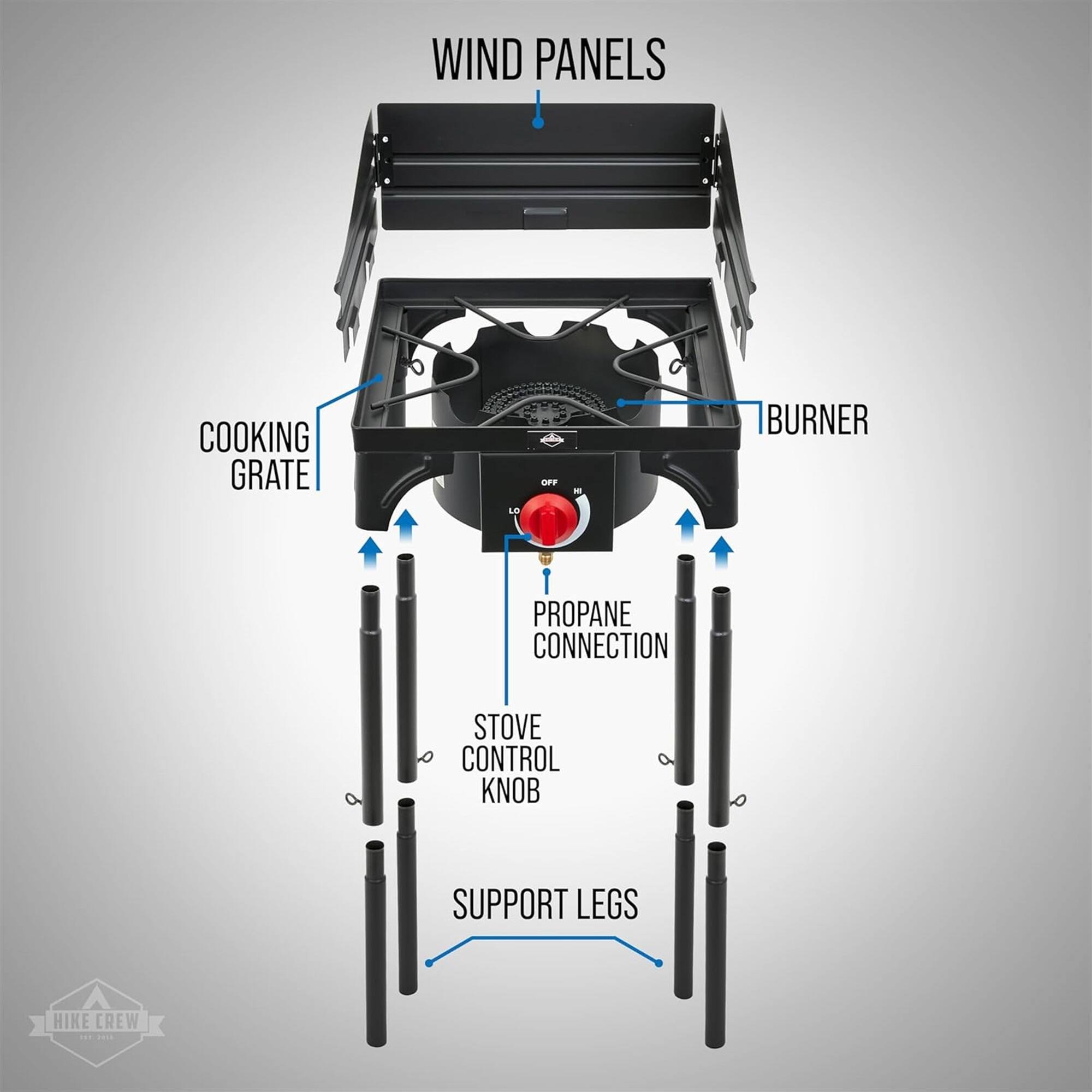 WIND PANELS, COOKING GRATE, BURNER, PROPANE CONNECTION, STOVE CONTROL KNOB, SUPPORT LEGS, HIKE CREW.