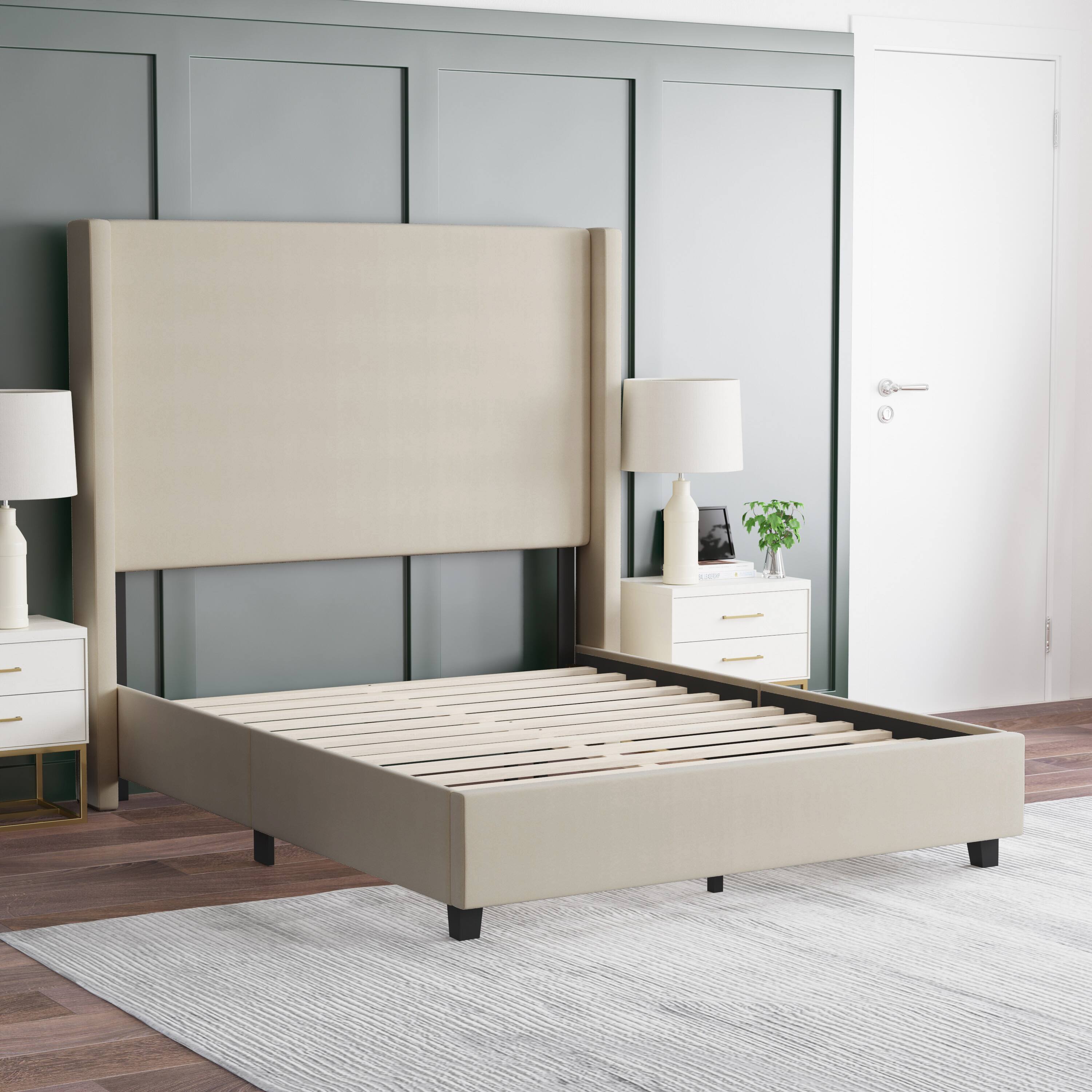 Alt View 3. Emma + Oliver - Nora upholstered Platform Bed with Plush Padded Wingback Headboard and Wood Support Slats - No Box Spring Needed - Beige.