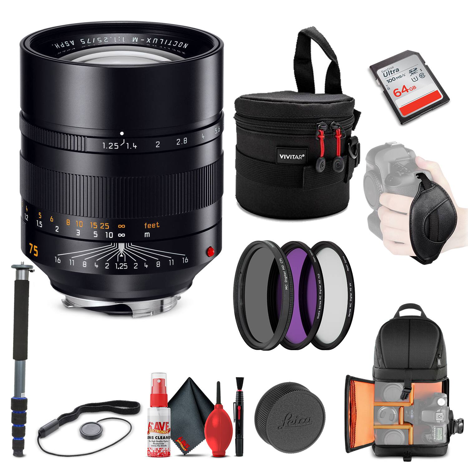 Leica - Noctilux-M 75mm f/1.25 ASPH. Lens (11676) + 64GB Memory Card + Padded Case + Filters + BackPack + Full Size Monopo - Black price history on PriceWatchPro