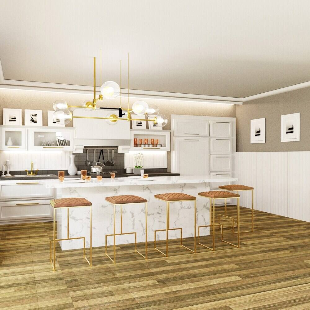 Left. LeisureMod - Quincy Modern Quilted Leather Bar Stool with Gold Metal Frame Counter Height Chair for Kitchen and Counter Seating - Light Brown.