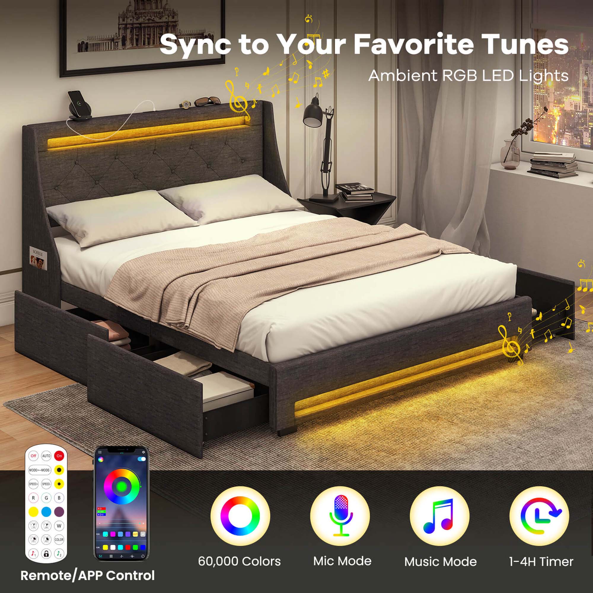 Sync to Your Favorite Tunes Ambient RGB LED Lights - - . + - . . W . .  1 1  . - Remote/APP Control 60,000 Colors Mic Mode Music Mode 1-4H Timer