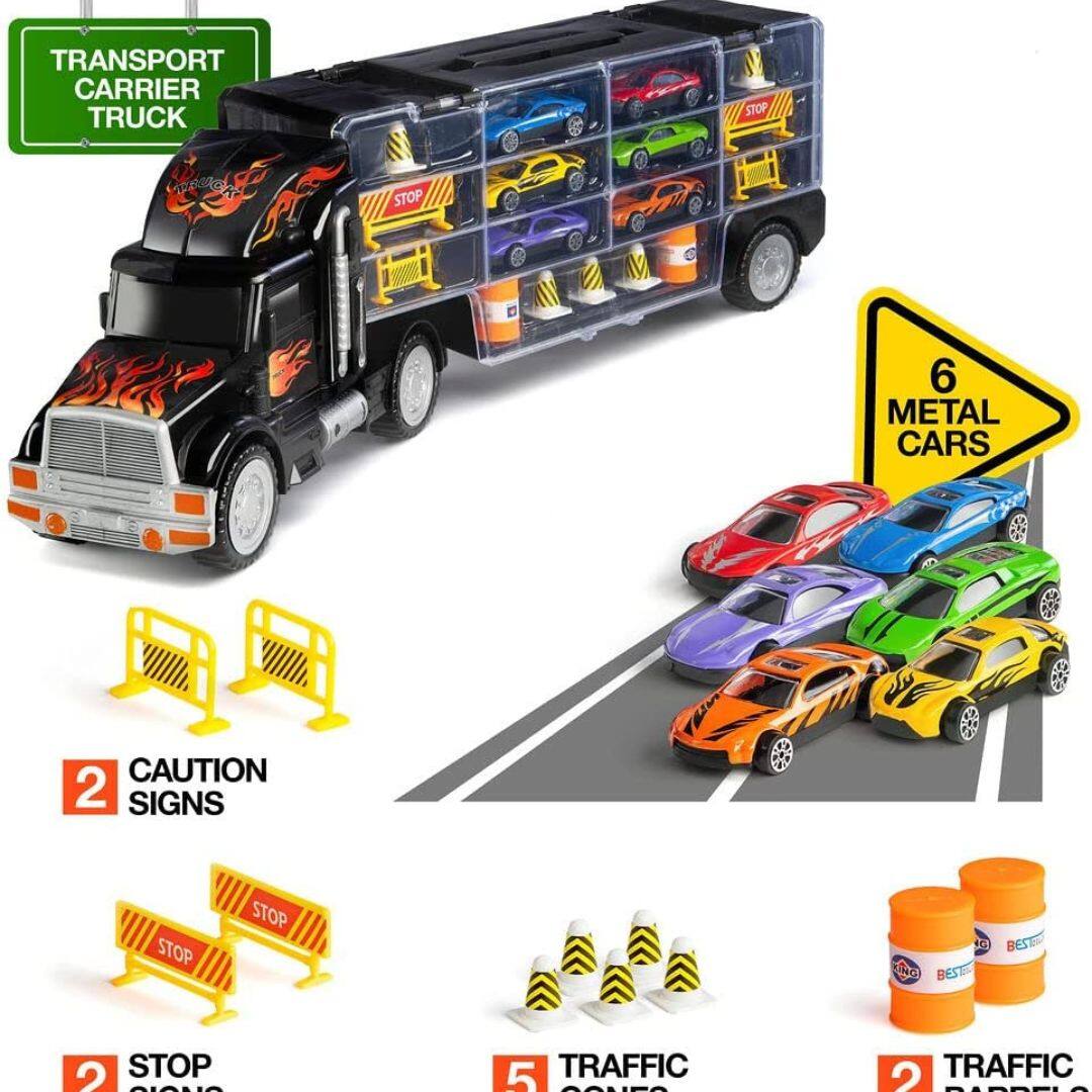 TRANSPORT CARRIER TRUCK

6 METAL CARS

2 CAUTION SIGNS

2 STOP SIGNS

5 TRAFFIC CONES

2 TRAFFIC BARRELS