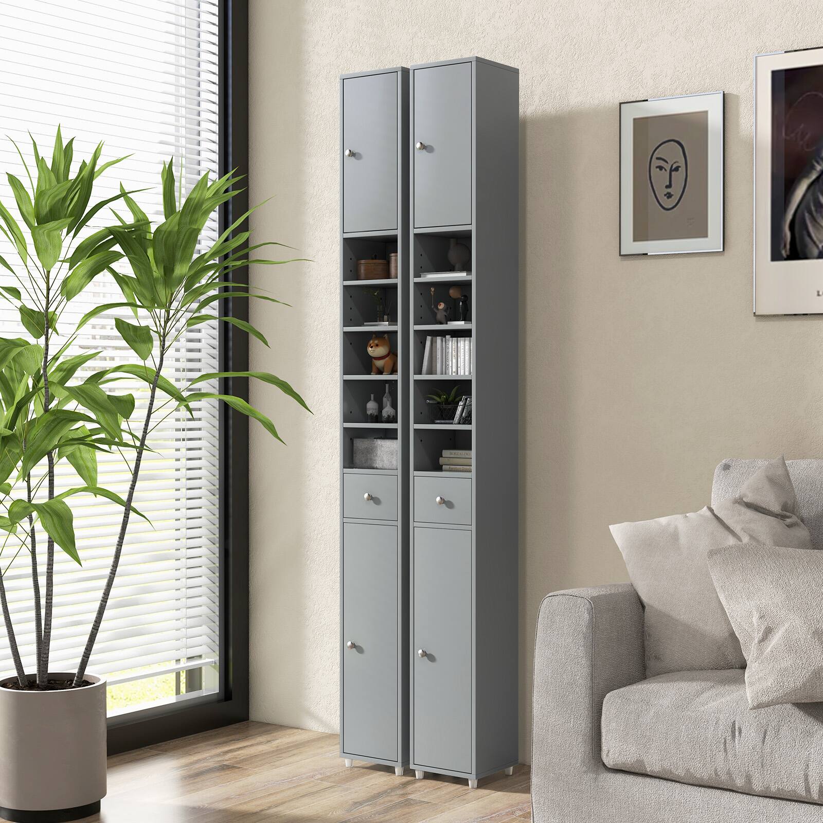 Alt View 8. Ecooso - Freestanding Slim Bathroom Cabinet with Drawer and Adjustable Shelves - Gray.