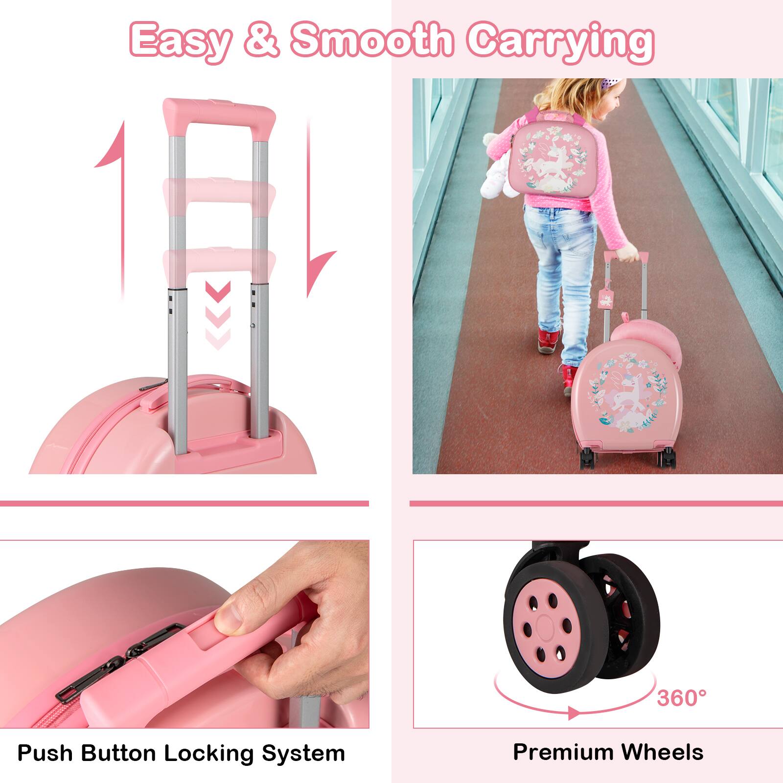 Easy & Smooth Carrying

Push Button Locking System

Premium Wheels

360°