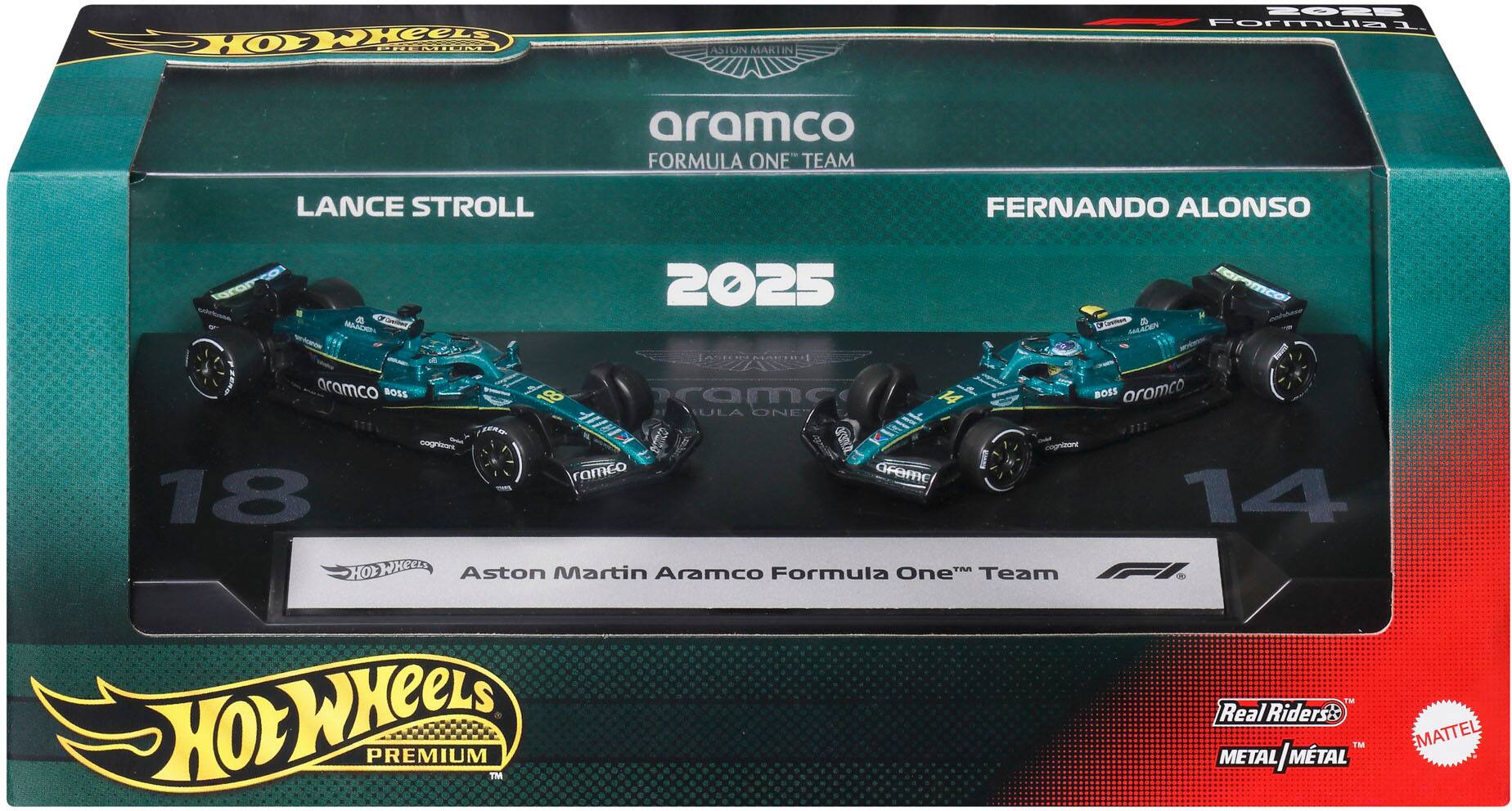 2025 Formula 1  
ASTON MARTIN  
aramco FORMULA ONE TEAM  
LANCE STROLL  
FERNANDO ALONSO  

2025 MANDEN OF INVITATION MALADEN % aramco DOSS BOSS aromco 18 ram 14 ULA ONE cognirant cognizant rameo areme 18 14  

HotWHeeLs Aston Martin Aramco Formula One Team EM HotWHeeLS Real Riderso EM MATTEL PREMIUM METAL/MTAL TM