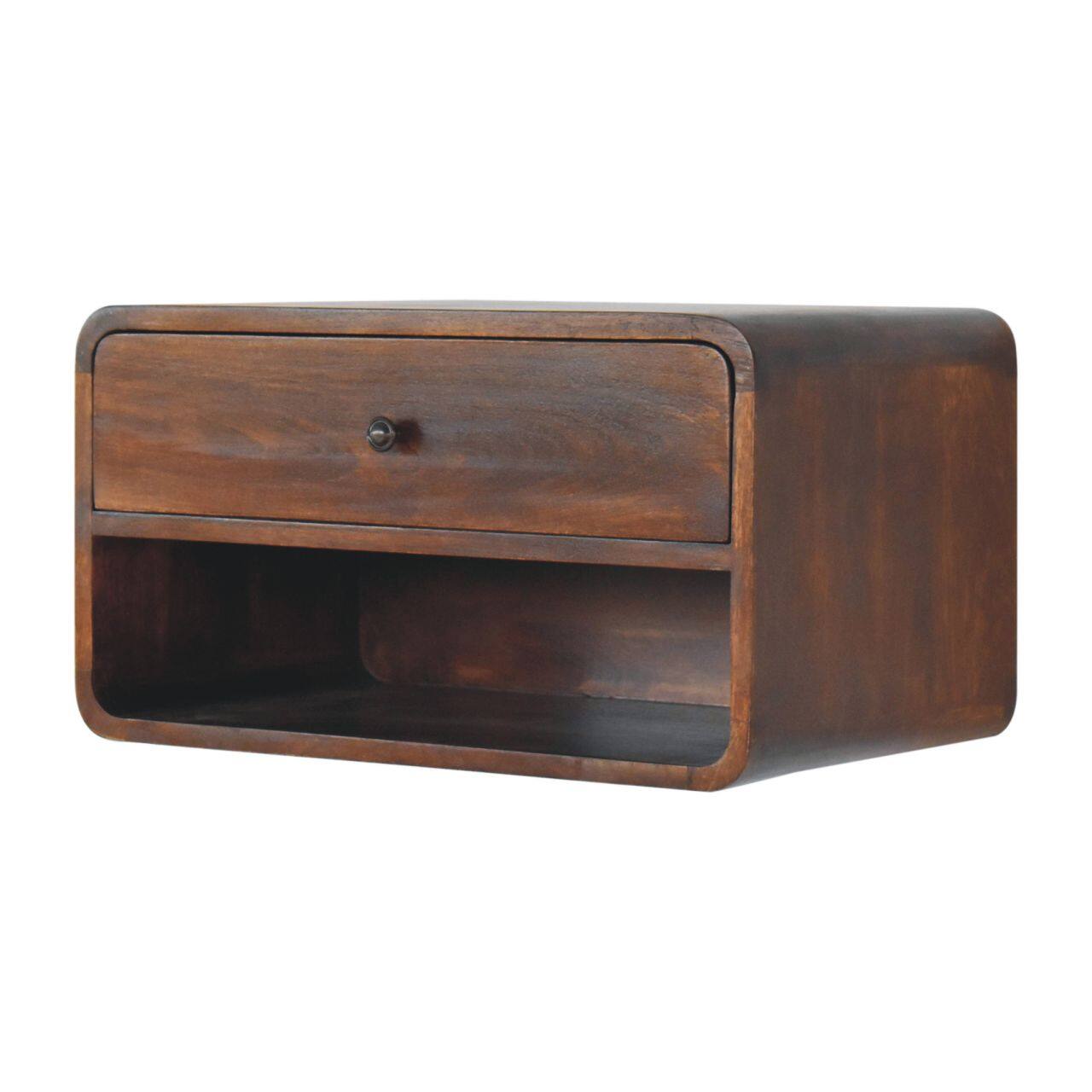 Left. Artisan Furniture - Artisan Furniture Solid Wood Large Chestnut Curve Floating Bedside, 1 Drawer, 1 Open Slot, Dark Brown - Chestnut.