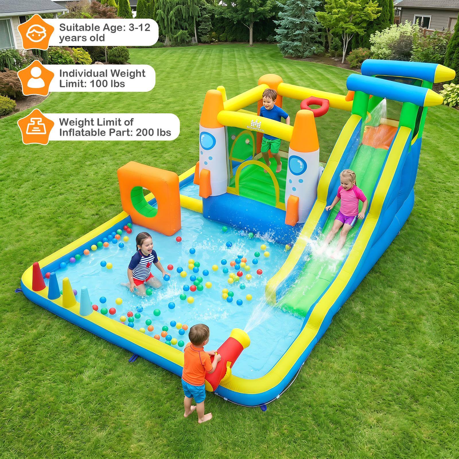 Suitable Age: 3-12 years old  
Individual Weight Limit: 100 lbs  
Weight Limit of Inflatable Part: 200 lbs