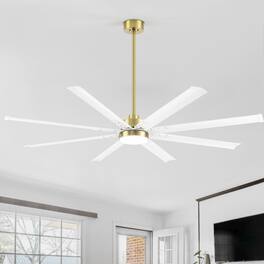 Breezary - 72-In Large Ceiling Fan with 8 Aluminum Blades, DC Motor, 6-Speed Remote with Timer, 2 Downrods, Light/No Light Option - Gold and White (With Light)