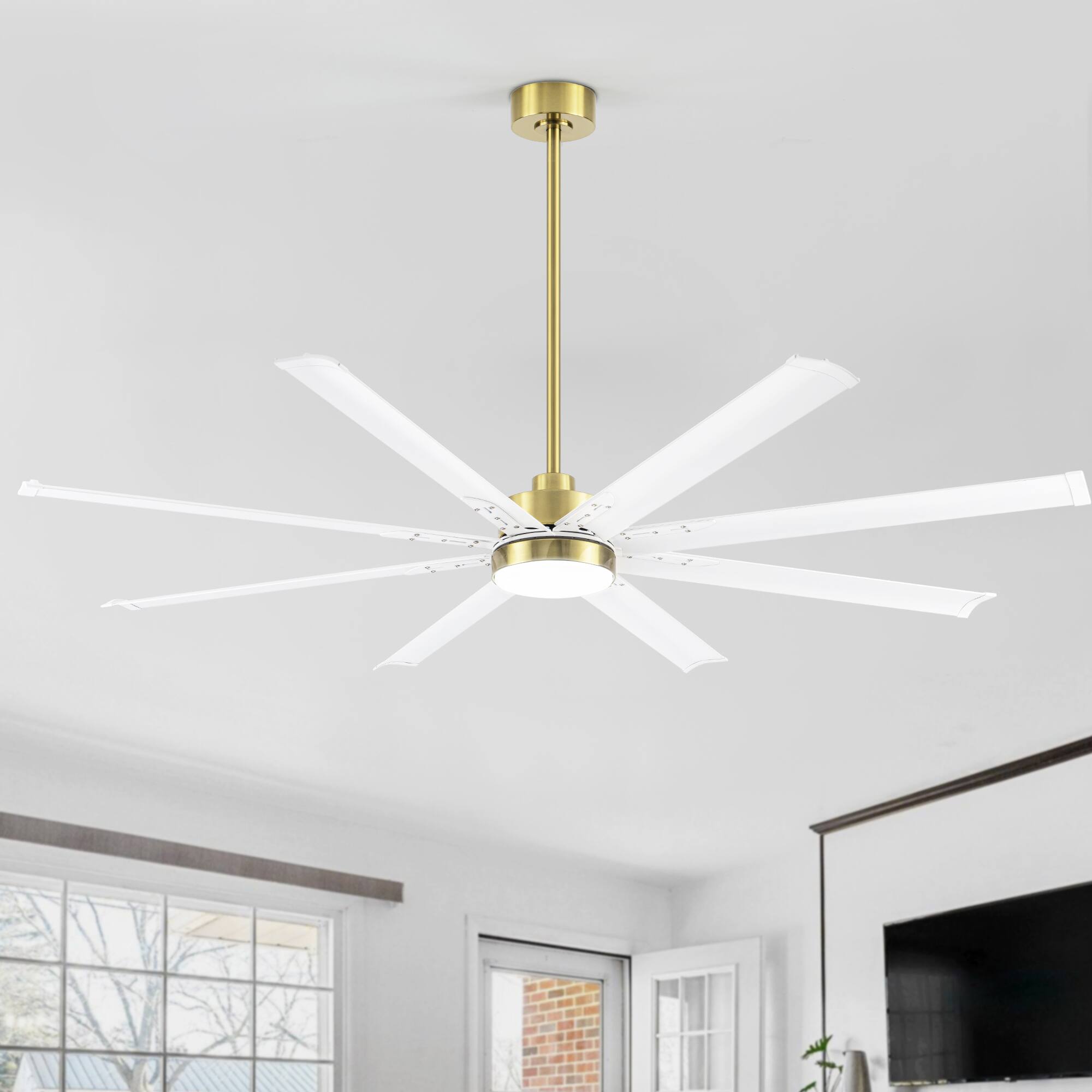 Front. Breezary - 72-In Large Ceiling Fan with 8 Aluminum Blades, DC Motor, 6-Speed Remote with Timer, 2 Downrods, Light/No Light Option - Gold and White (With Light).