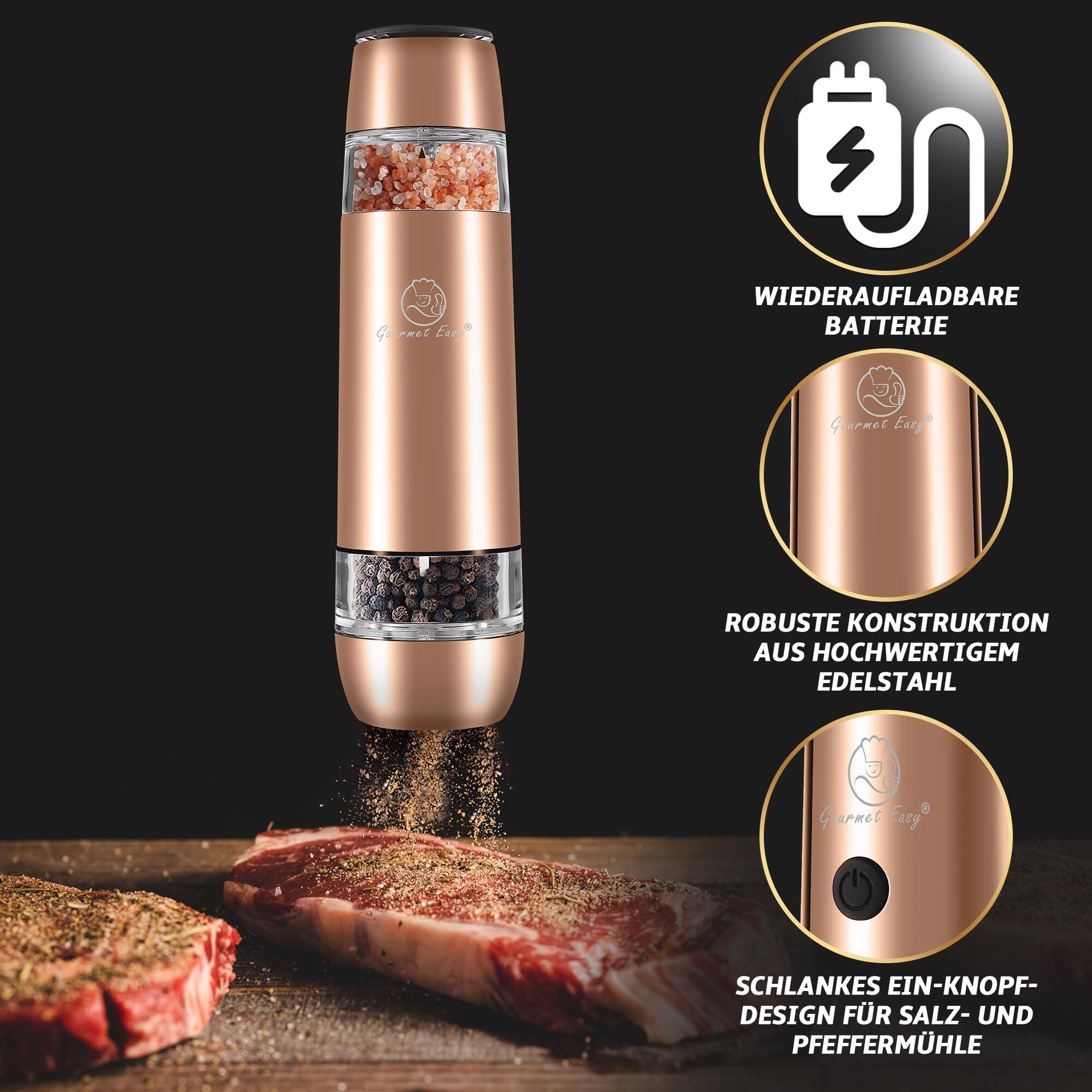 - WIEDERAUFLADBARE BATTERIE
- ROBUSTE KONSTRUKTION AUS HOCHWERTIGEM EDELSTAHL
- SCHLANKE EIN-KNOPF-DESIGN FÜR SALZ- UND PFEFFERMÜHLE