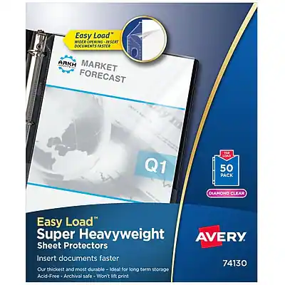 Easy Load Wider Opening Insert Documents Faster
ARKH Market Forecast
Easy Load Super Heavyweight Sheet Protectors
Insert documents faster
Our thickest and most durable - ideal for long term storage
Acid-Free - Archival safe - Won't lift print
50 Pack Diamond Clear
Avery 74130